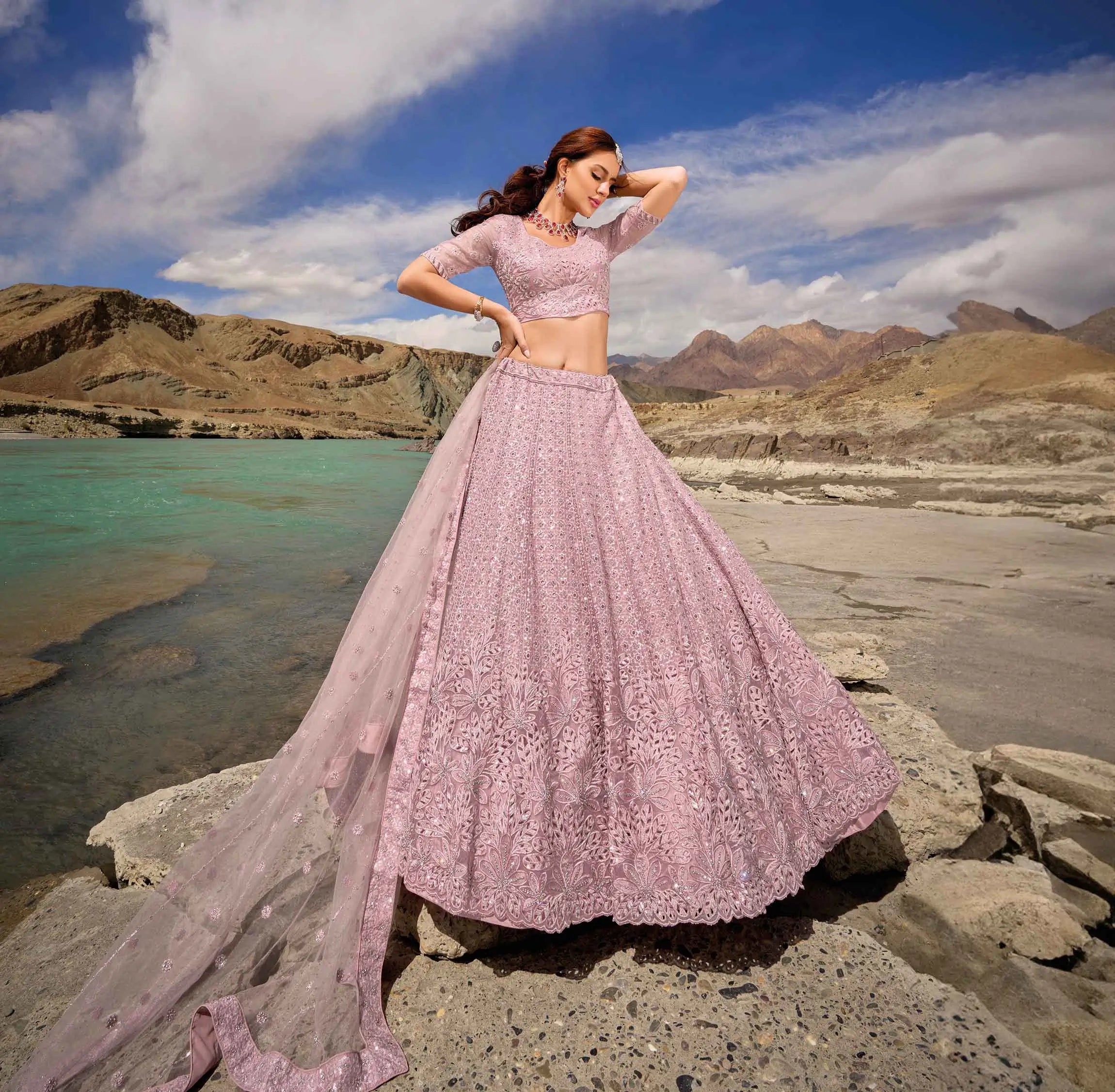 Greyish Pink Zarkan Work With Sequins Embroidery Work Lehenga For Bride - qivii