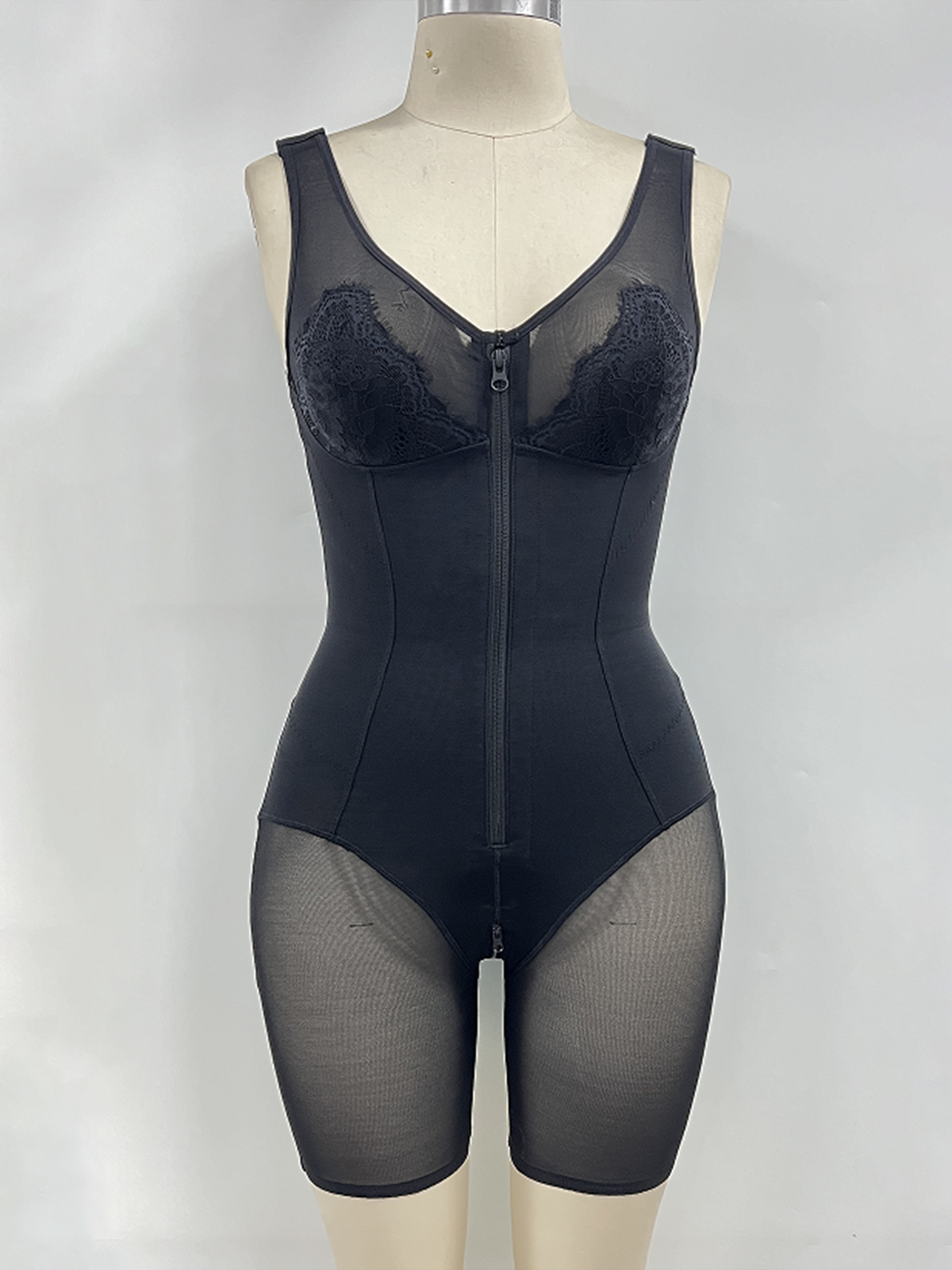 V Neck Lace Mesh Panel Mid Thigh Tummy Control Bodysuit Zipper Shapewear