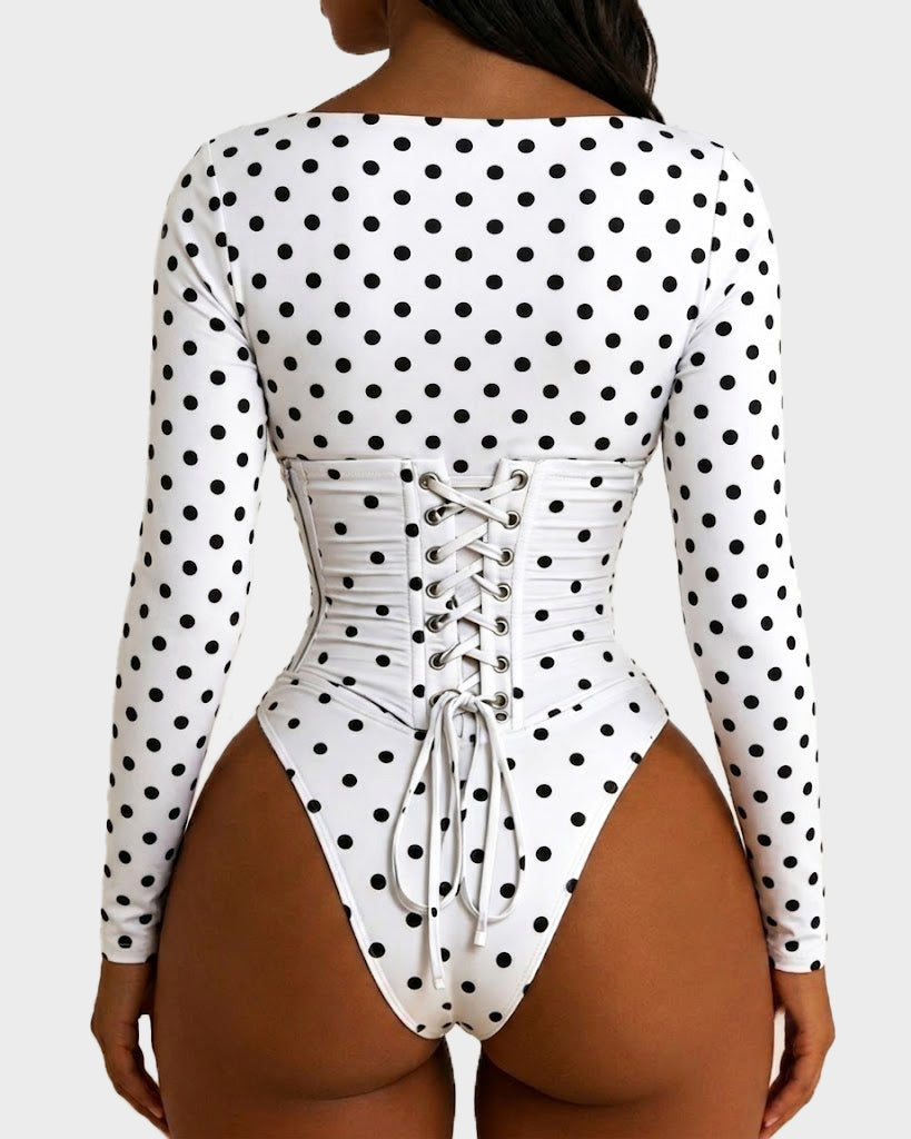 Polka Dot Scoop Neck Long Sleeve Bodysuit Detachable Corset Two Piece Set