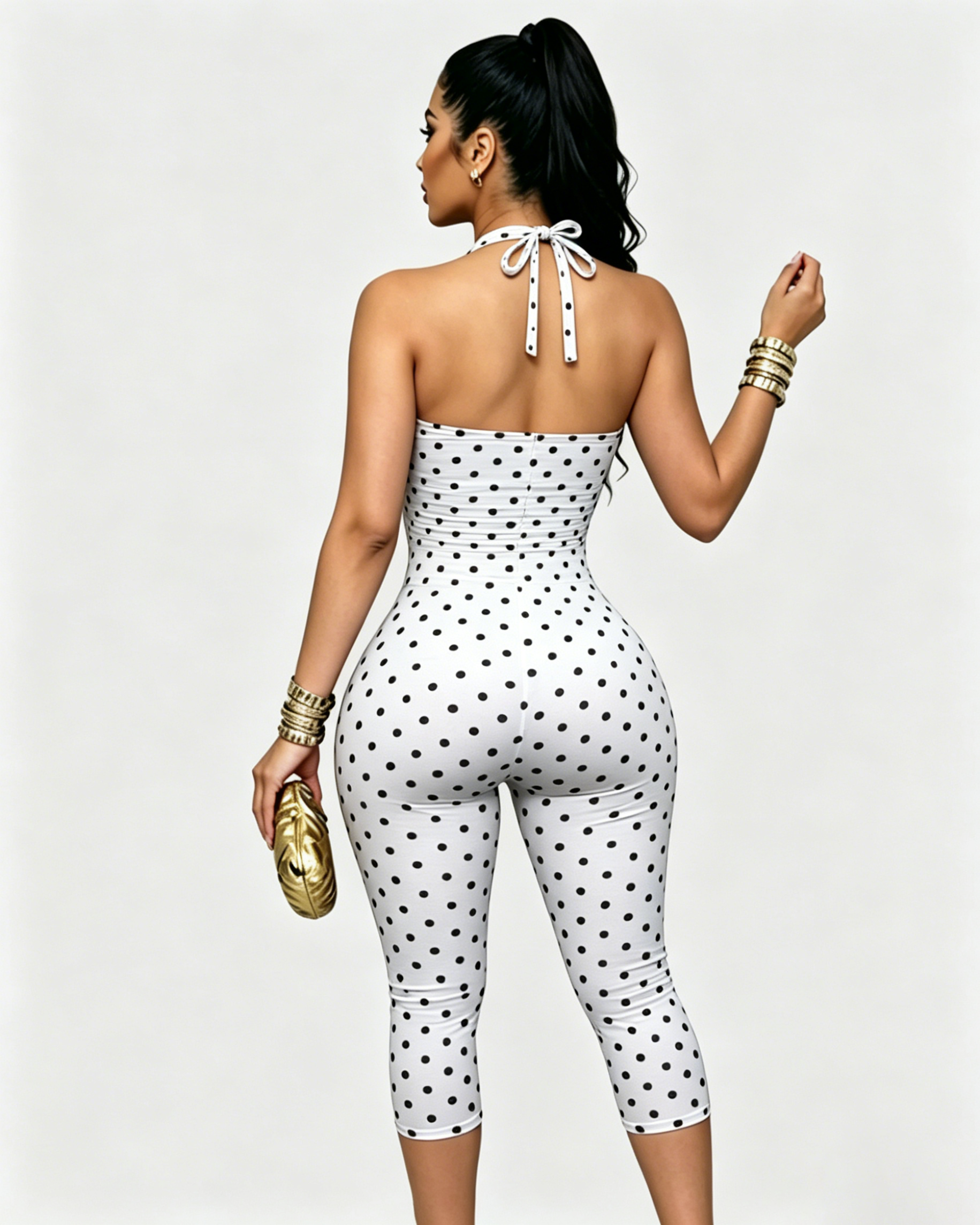 Polka Dot Halter Neck Open Back Skinny Capri Jumpsuit - By Qivii