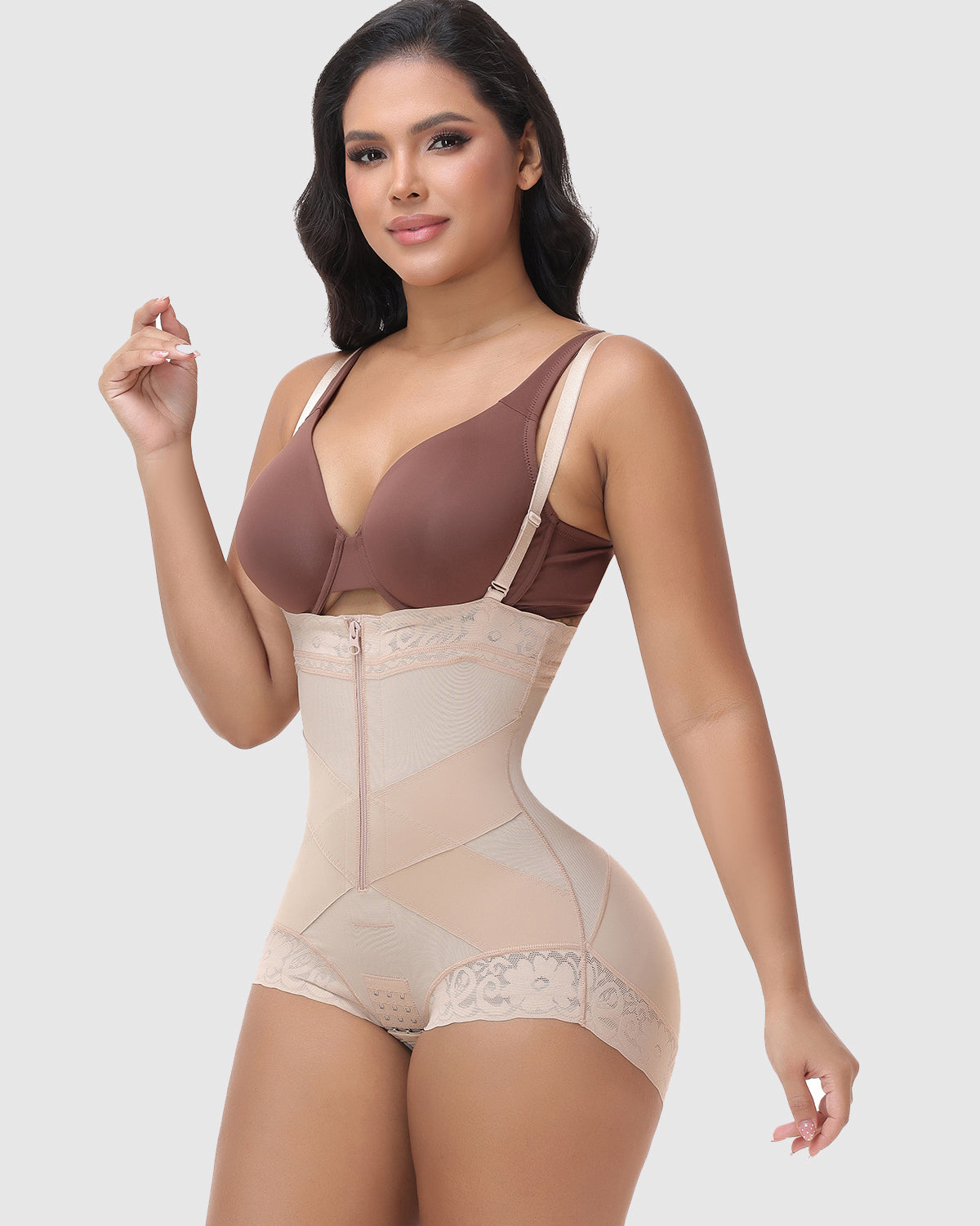 Detachable Strap Front Zip Lace Tummy Control Butt Lifting High Waist Shapewear Shorts