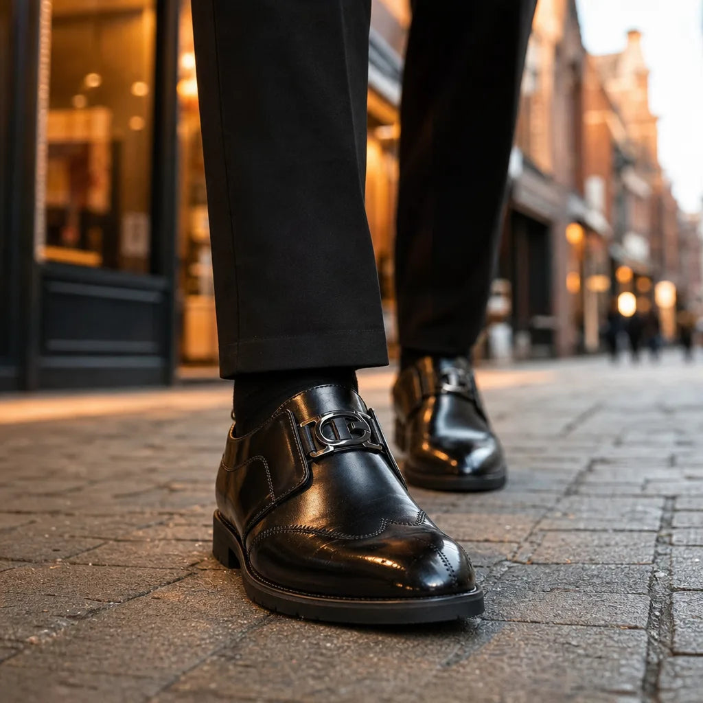 Black men's Monk Strap shoes by Hudson Ridge, featuring sleek leather design and classic buckle details.
