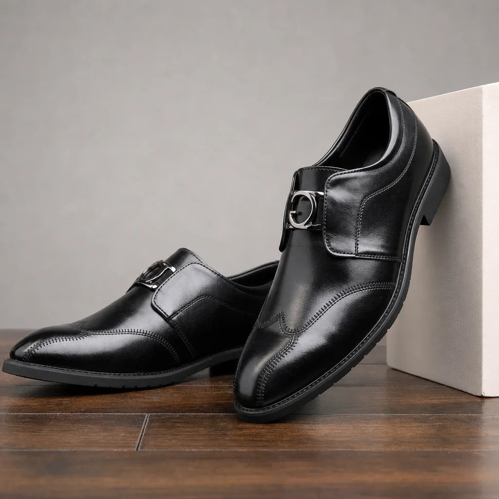 Black men's monk strap shoes by Hudson Ridge, featuring sleek leather design and classic loafer style from Newell collection.