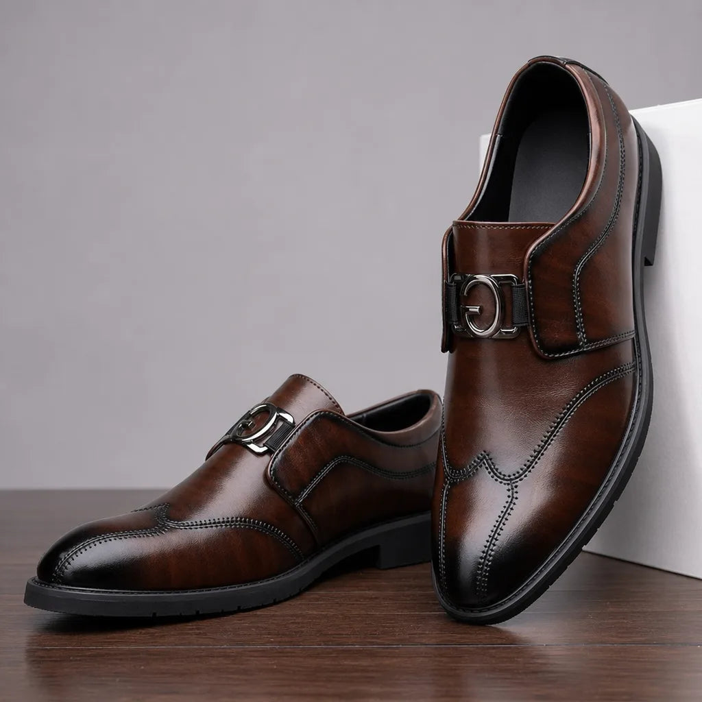Brown men's Newell monk strap shoes by Hudson Ridge, stylish leather loafers with buckle closures, perfect for formal occasions.