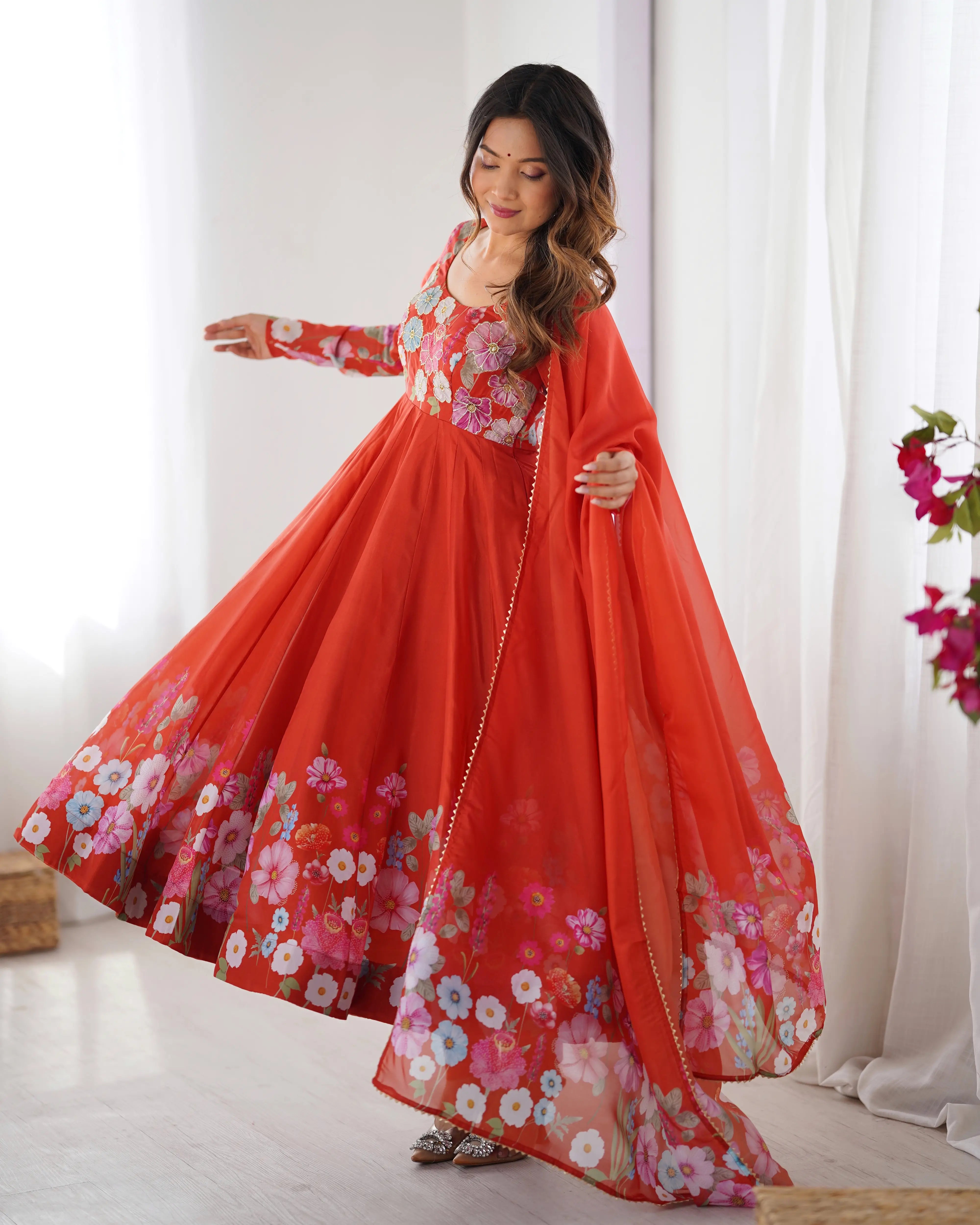 Rust Orange Organza Multi Color Floral Print Gown With Dupatta - qivii