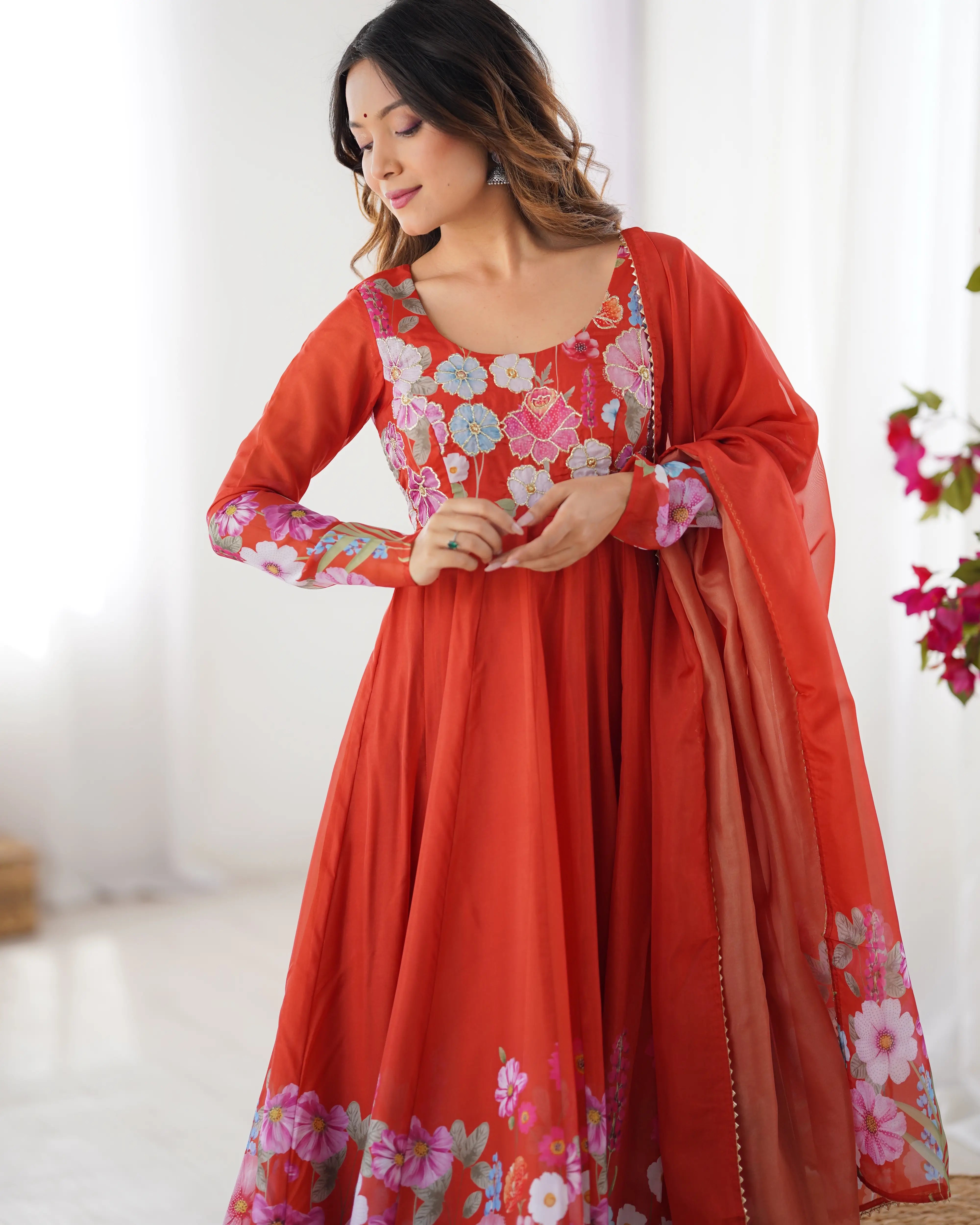 Rust Orange Organza Multi Color Floral Print Gown With Dupatta
