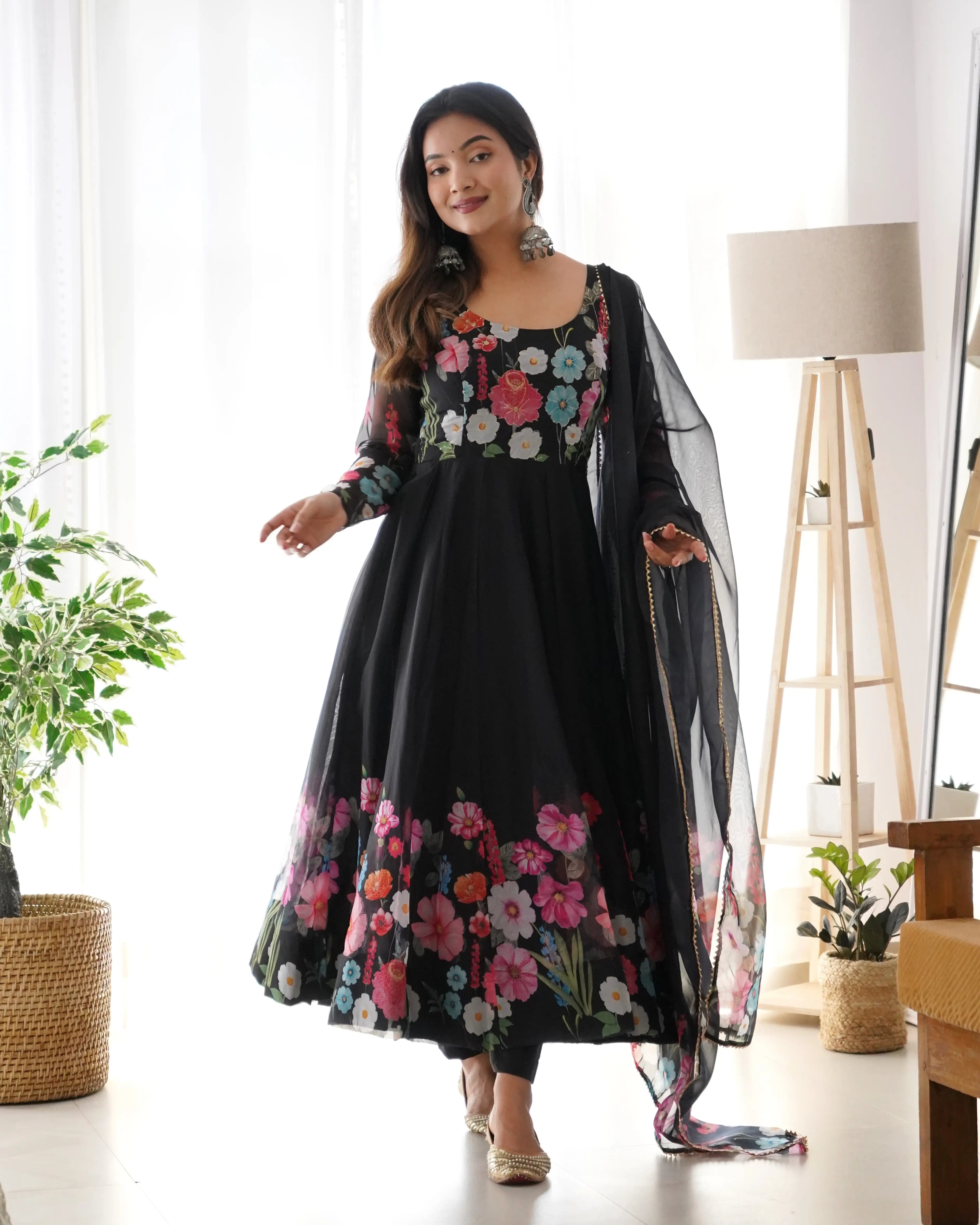 Black With Multi Color Floral Print Organza Gown With Dupatta