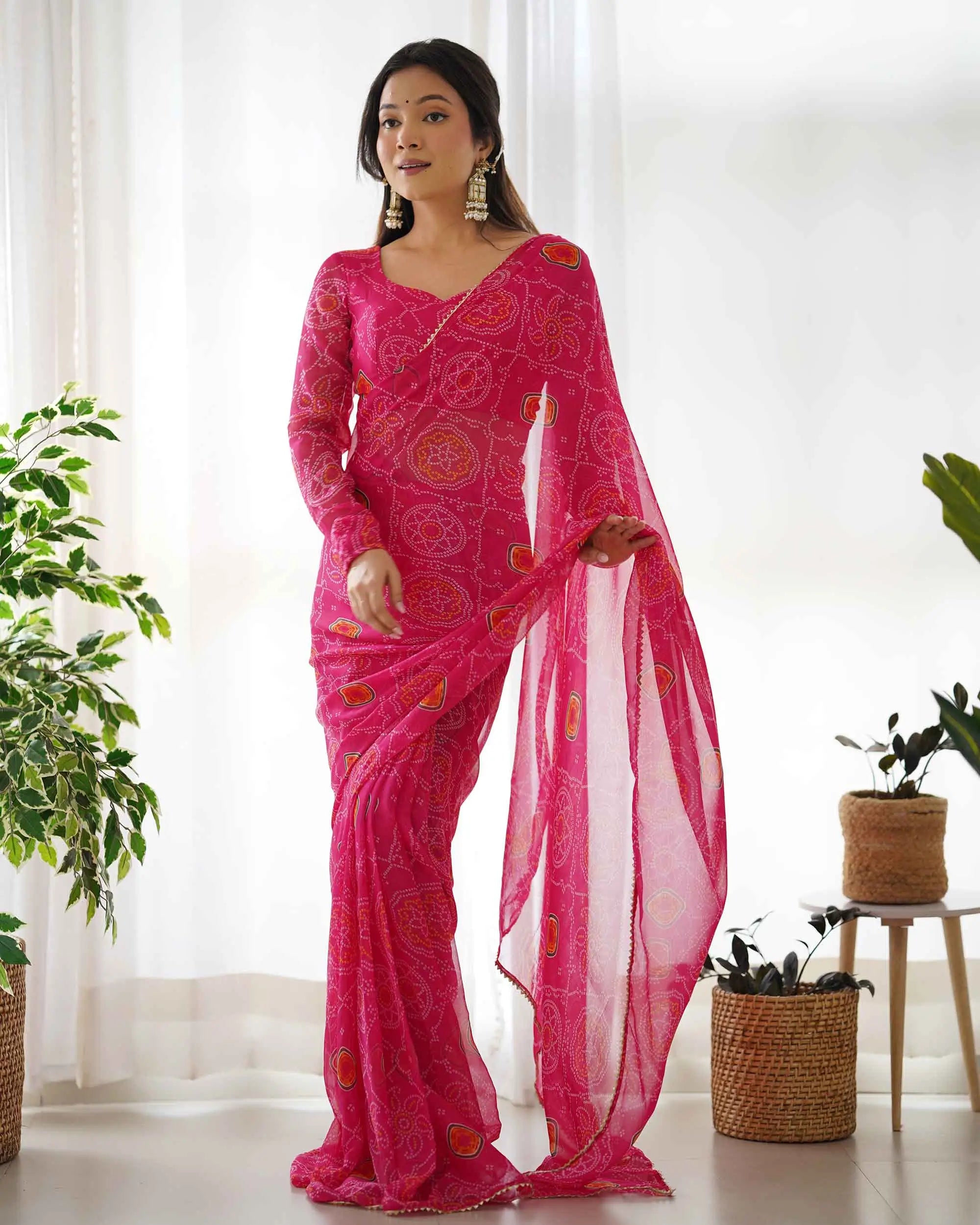Pink Chiffon Soft Light Weight Bandhej Print Pre Draped Ready To Wear Saree - qivii