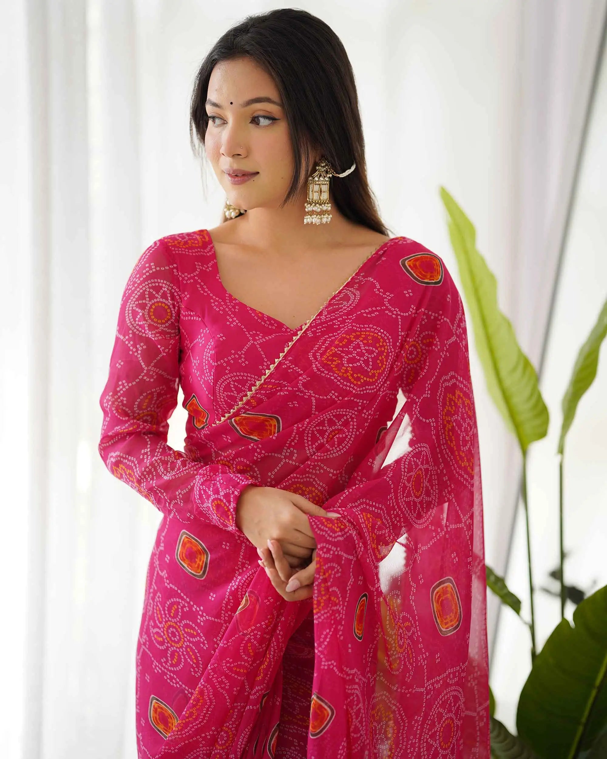 Pink Chiffon Soft Light Weight Bandhej Print Pre Draped Ready To Wear Saree
