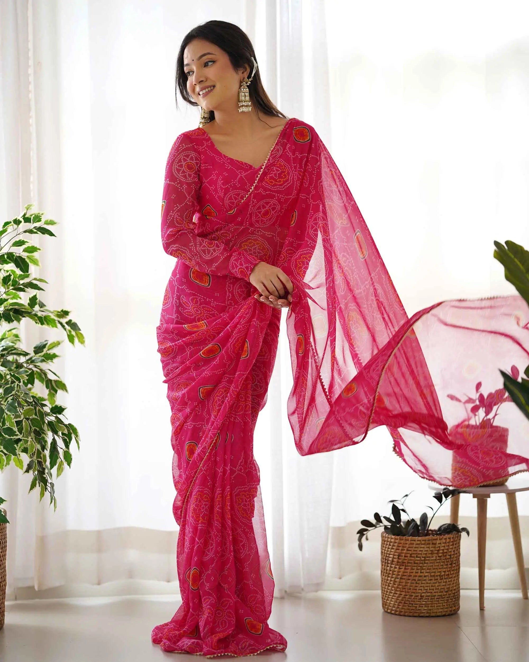 Pink Chiffon Soft Light Weight Bandhej Print Pre Draped Ready To Wear Saree