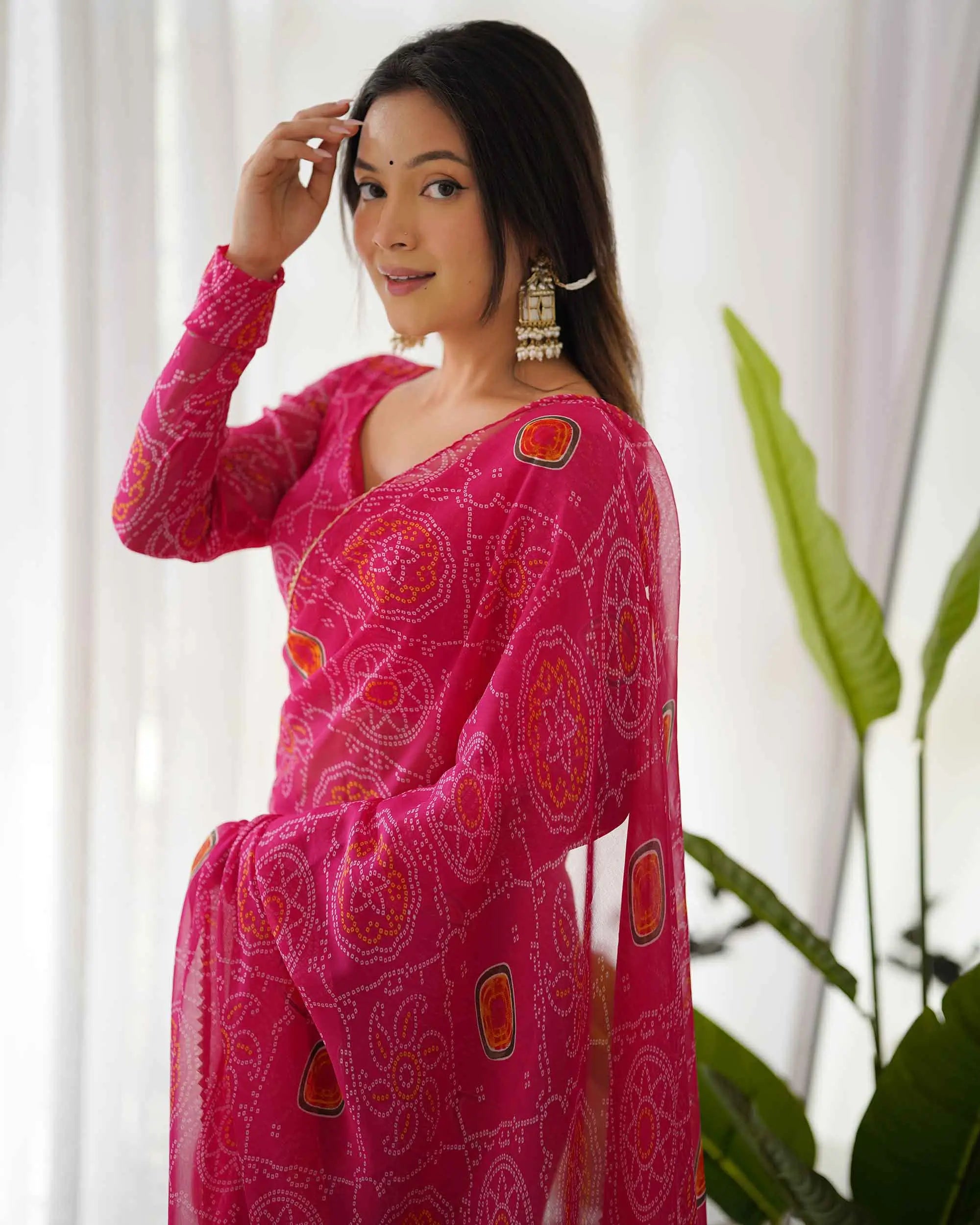 Pink Chiffon Soft Light Weight Bandhej Print Pre Draped Ready To Wear Saree