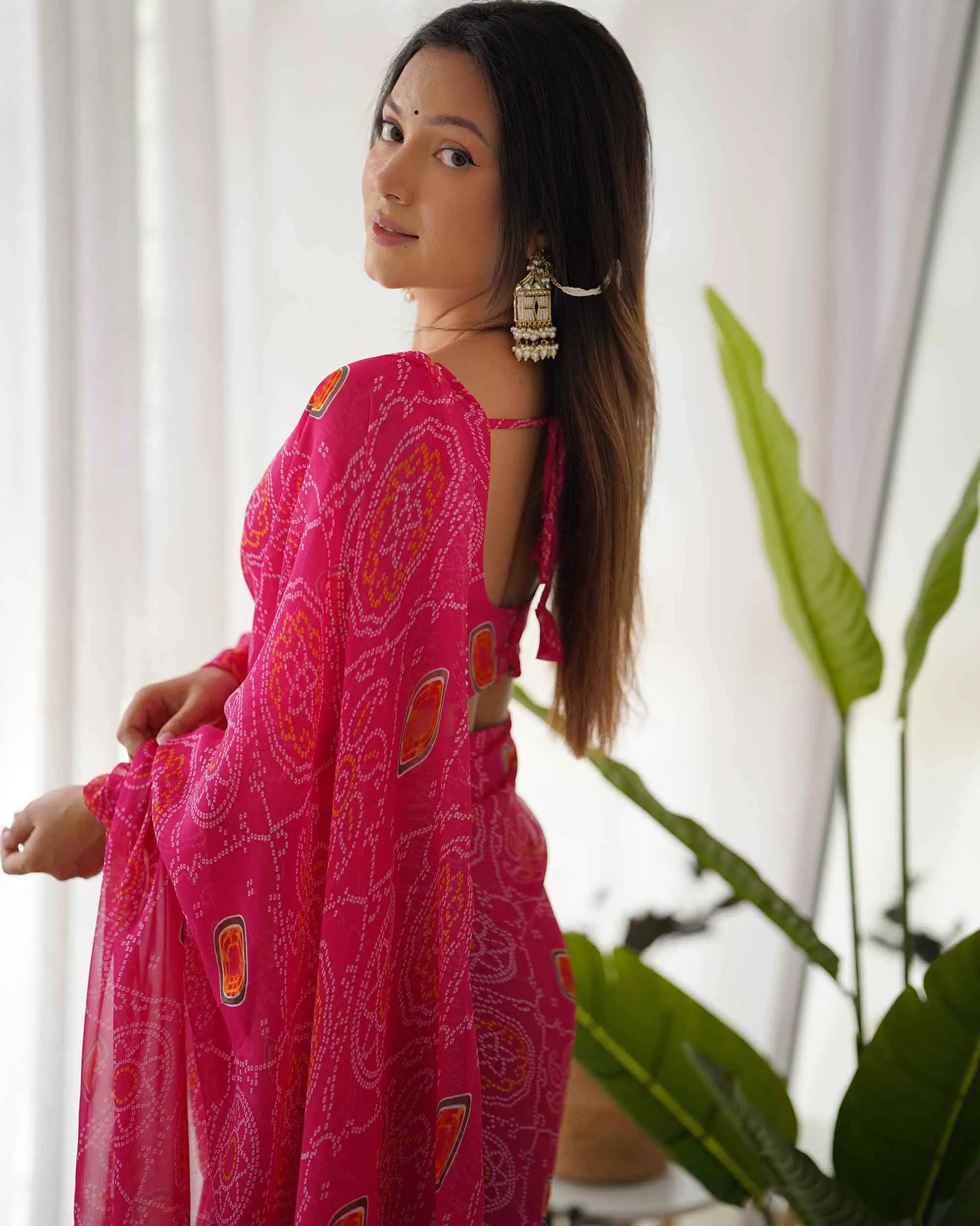 Pink Chiffon Soft Light Weight Bandhej Print Pre Draped Ready To Wear Saree