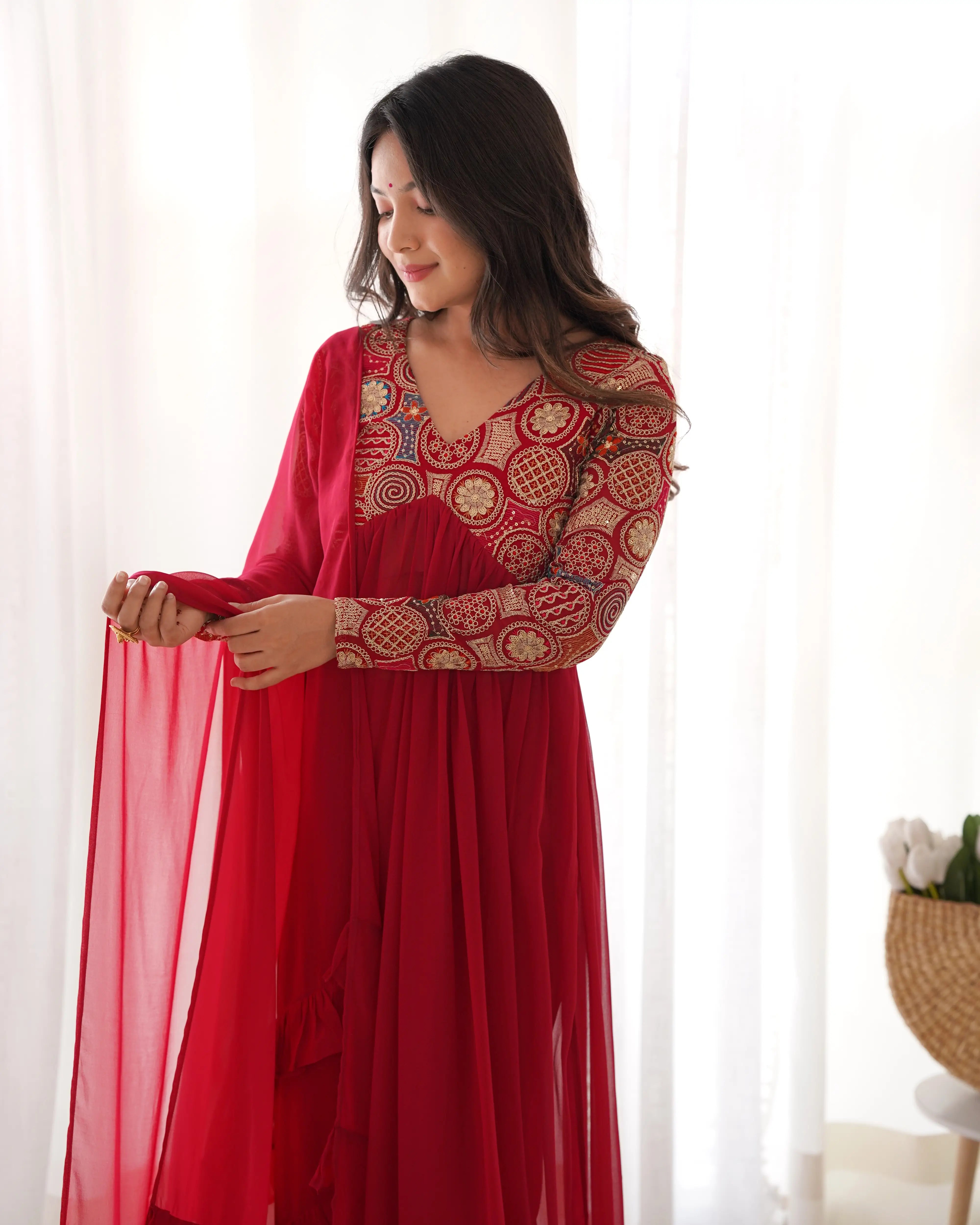 Red Maroon Georgette Alia Cut Embroidery Work Salwar Suit with Fancy Dupatta