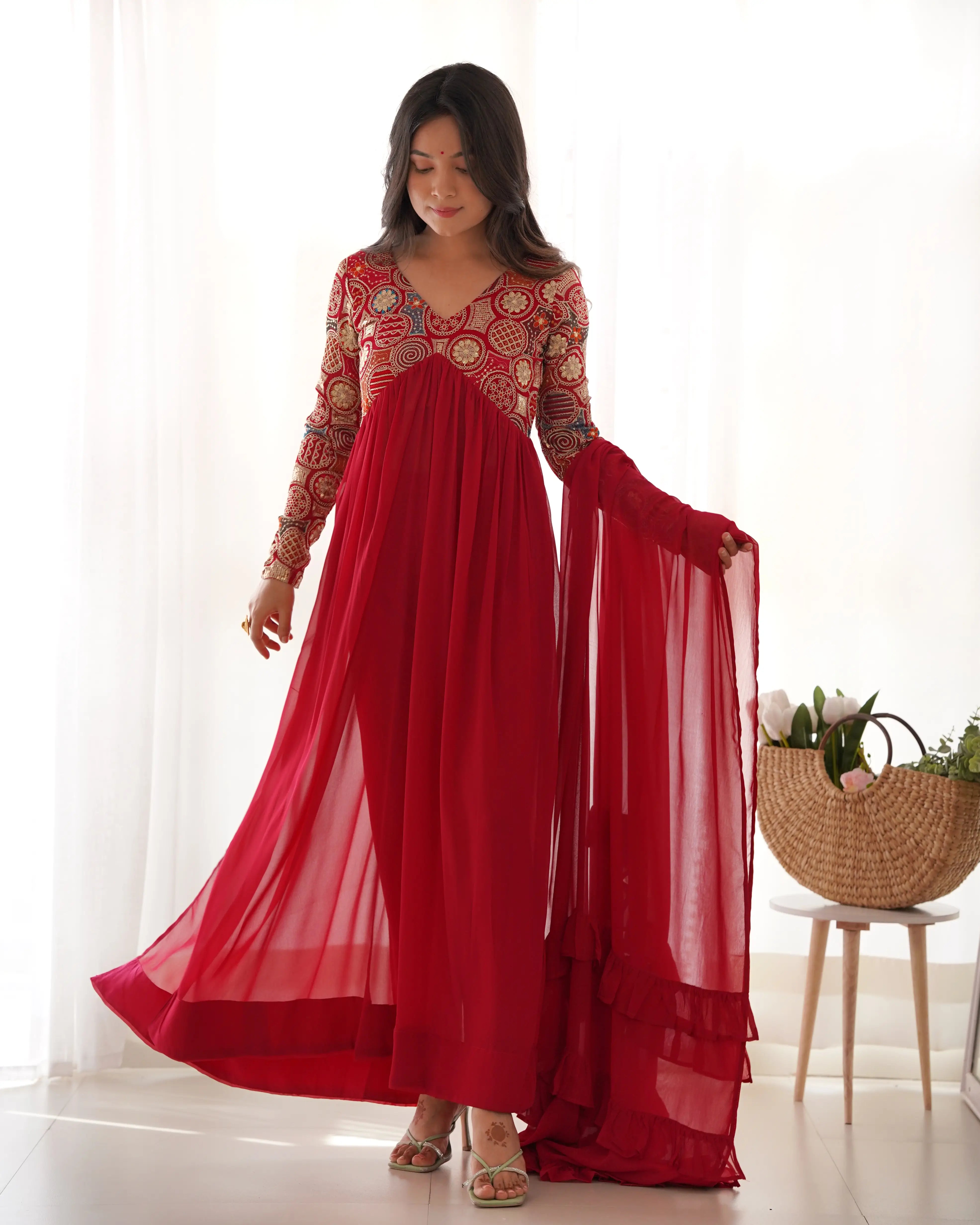 Red Maroon Georgette Alia Cut Embroidery Work Salwar Suit with Fancy Dupatta