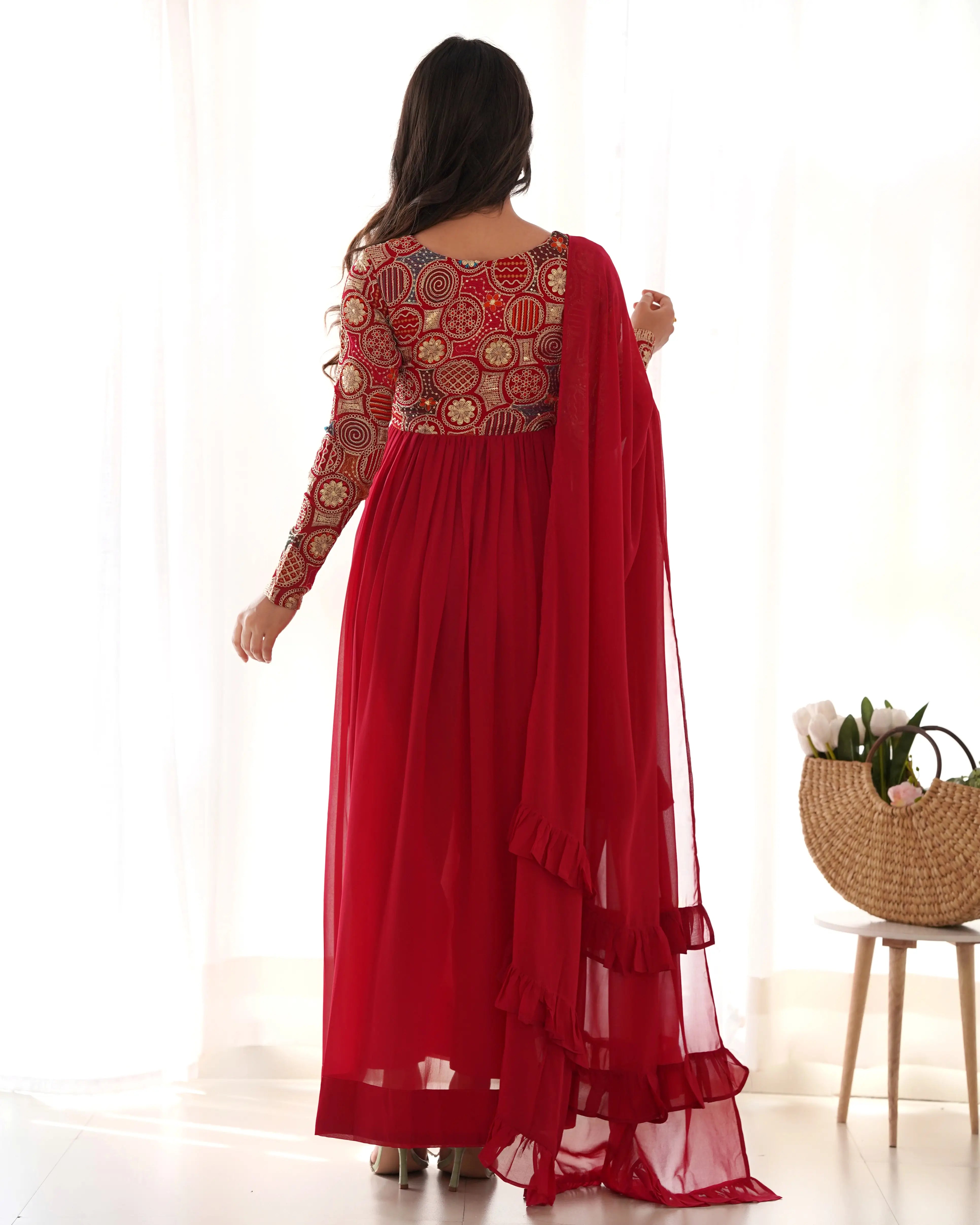 Red Maroon Georgette Alia Cut Embroidery Work Salwar Suit with Fancy Dupatta