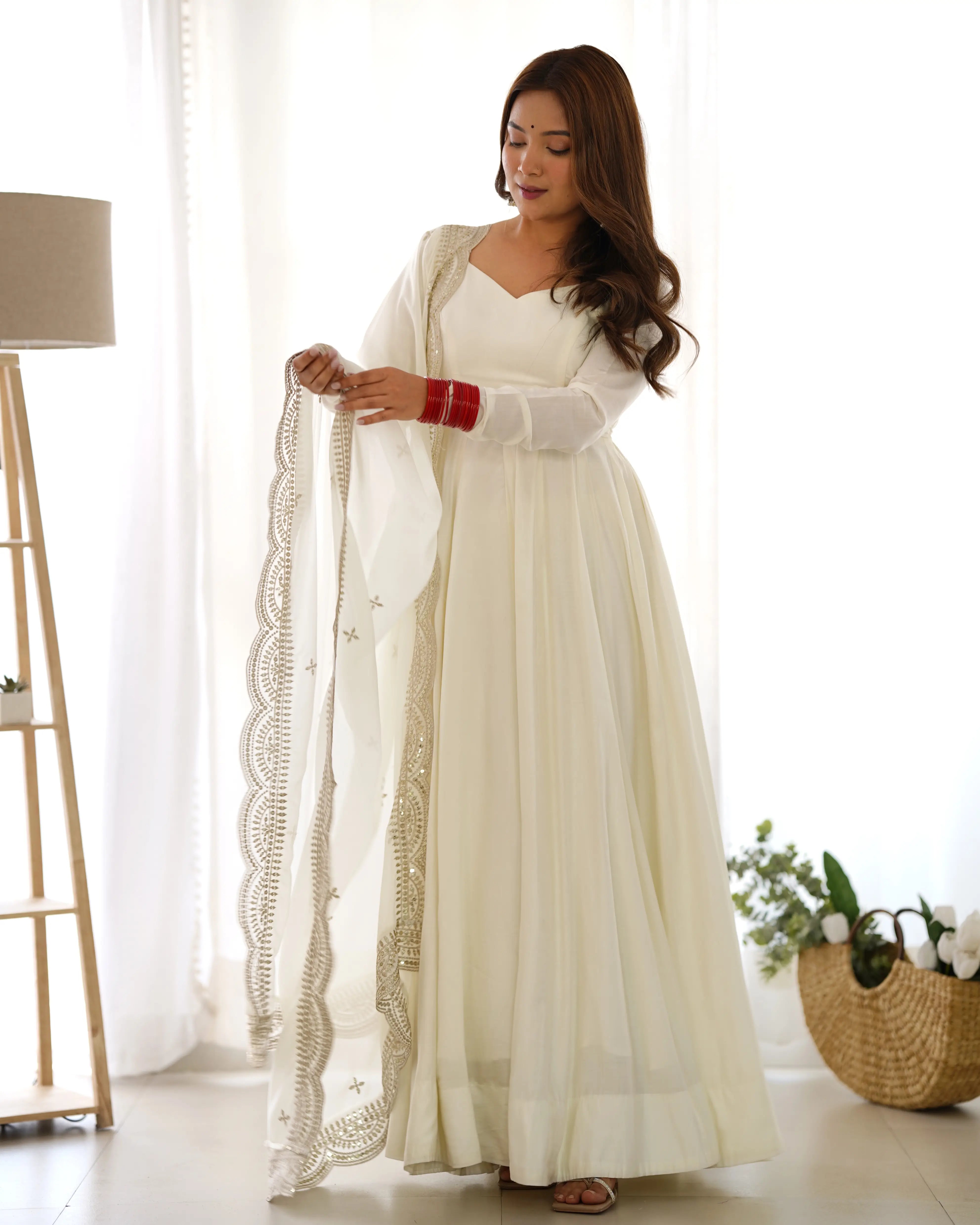 Off White Silk Anarkali Gown With Georgette Embroidery Work Dupatta