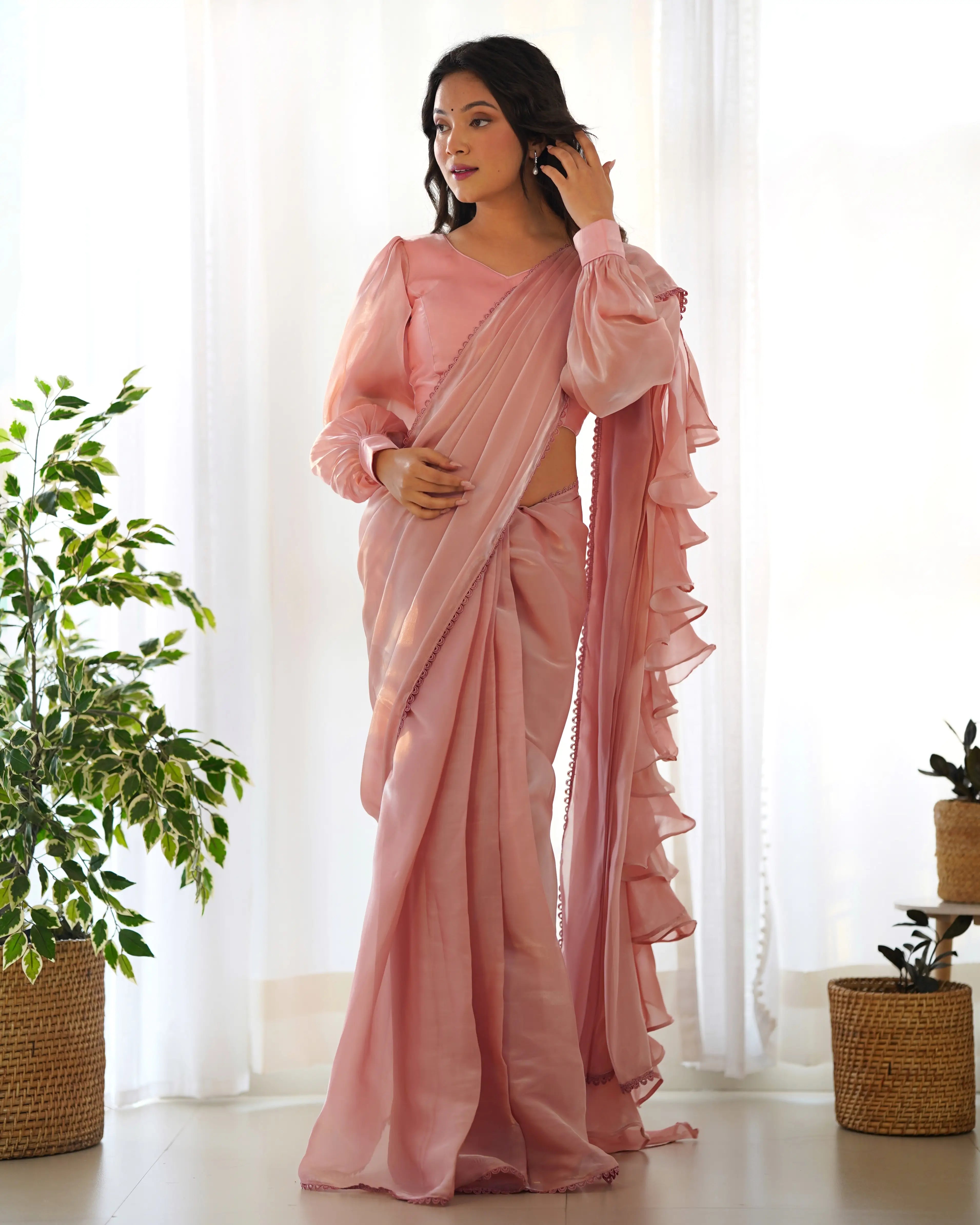 Peach Jimmy Choo Organza Pre Draped Ready To Wear Saree