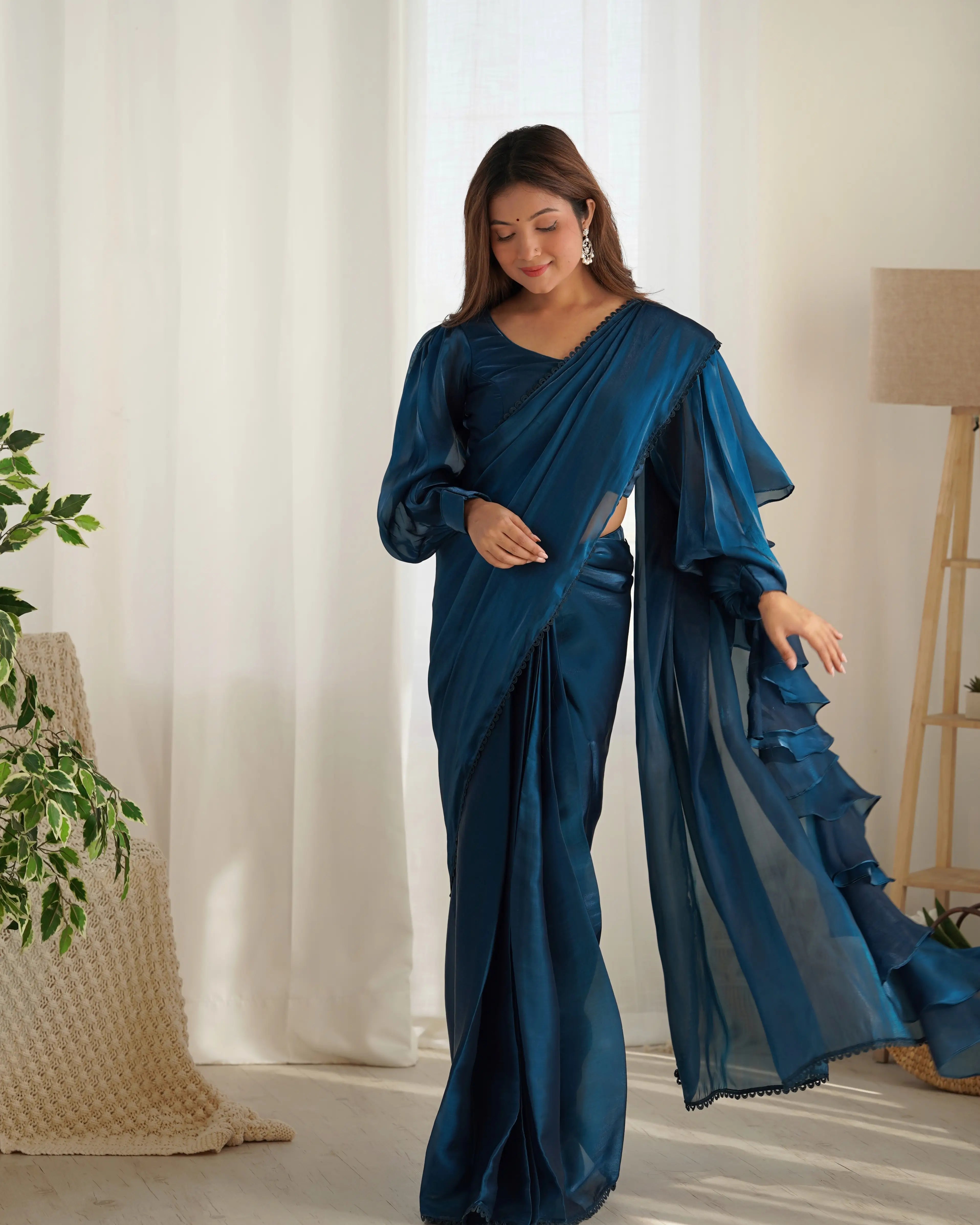 Teal Blue Jimmy Choo Organza Pre Draped Ready To Wear Saree - qivii