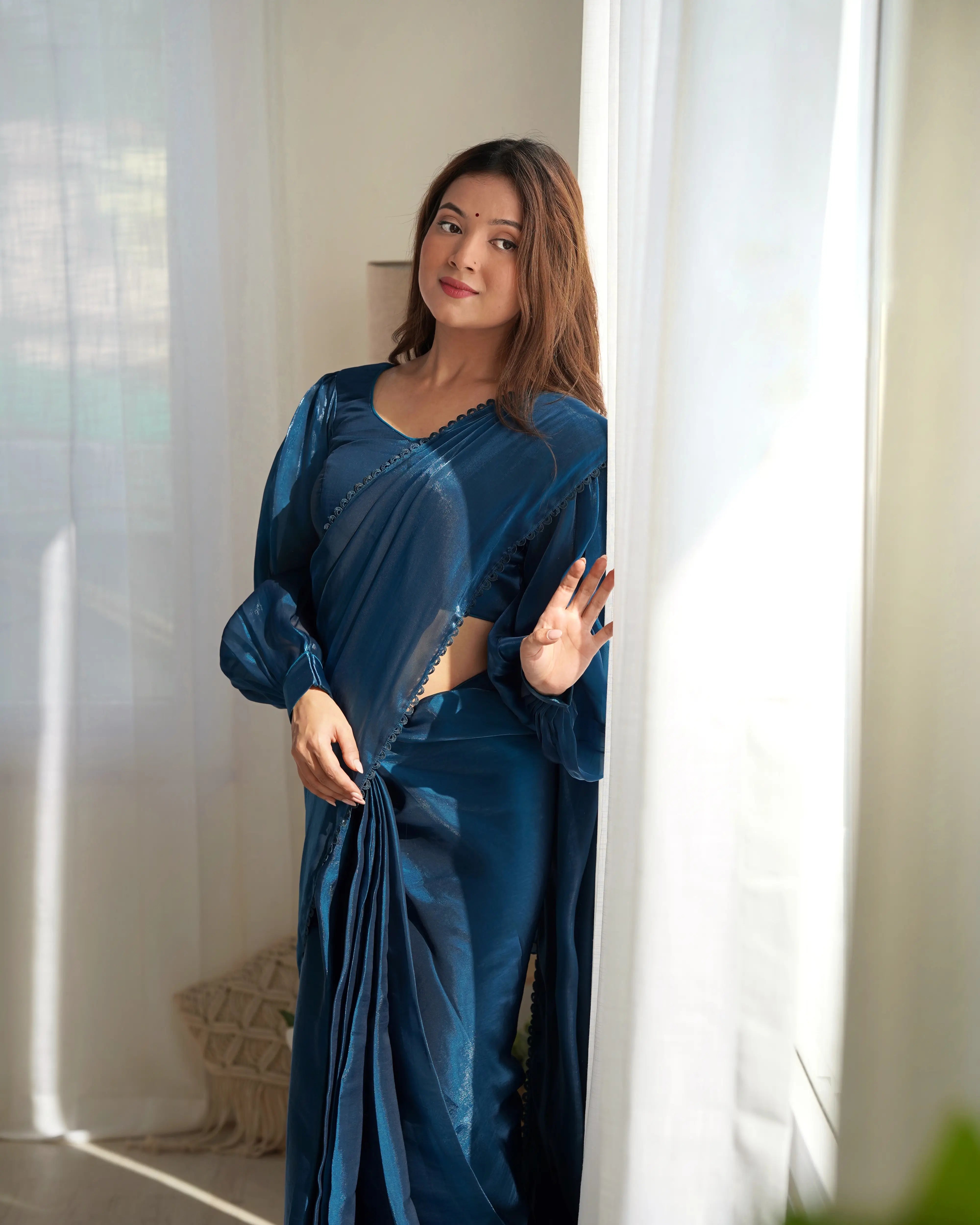 Teal Blue Jimmy Choo Organza Pre Draped Ready To Wear Saree