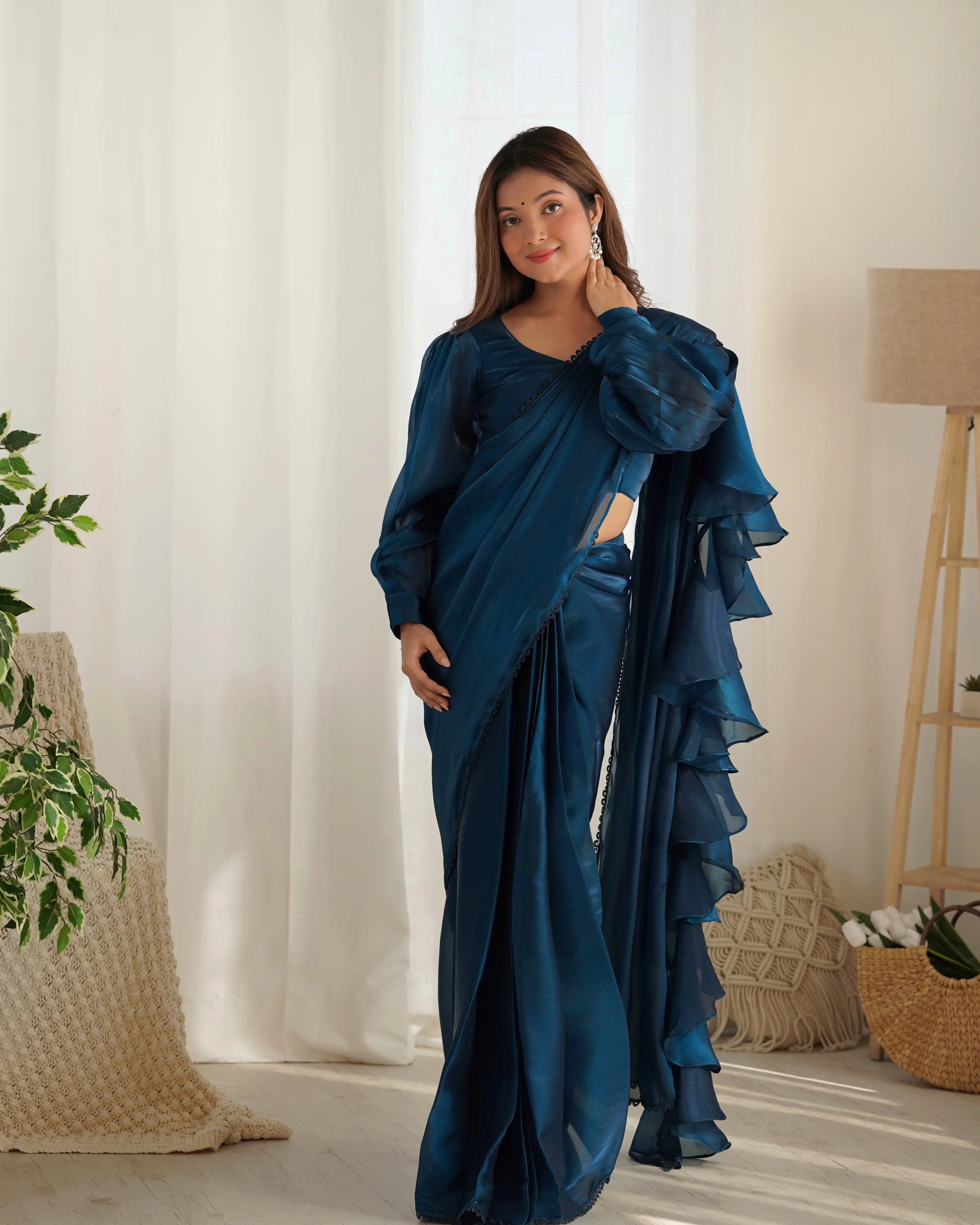 Teal Blue Jimmy Choo Organza Pre Draped Ready To Wear Saree