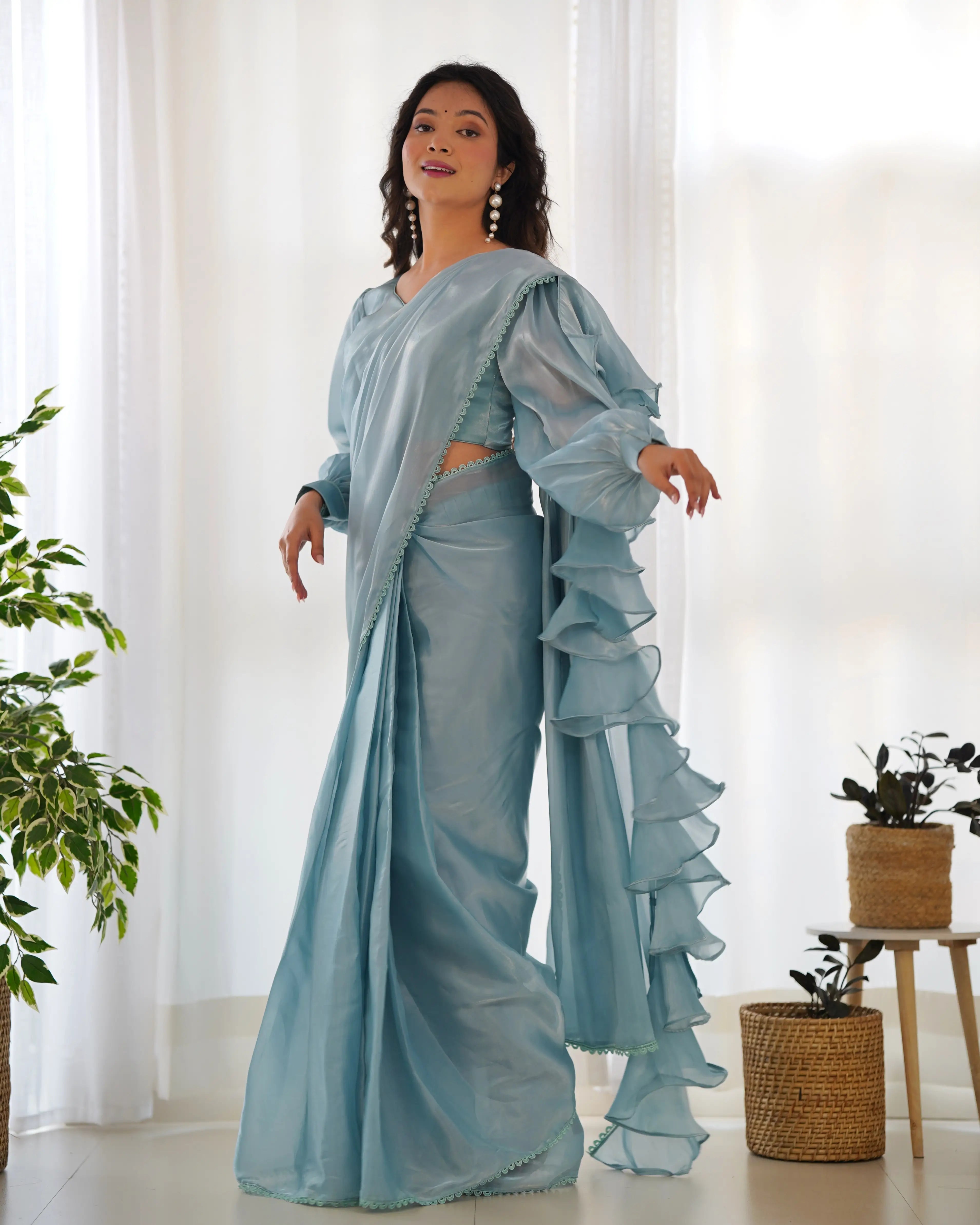 Sky Blue Jimmy Choo Organza Pre Draped Ready To Wear Saree - qivii