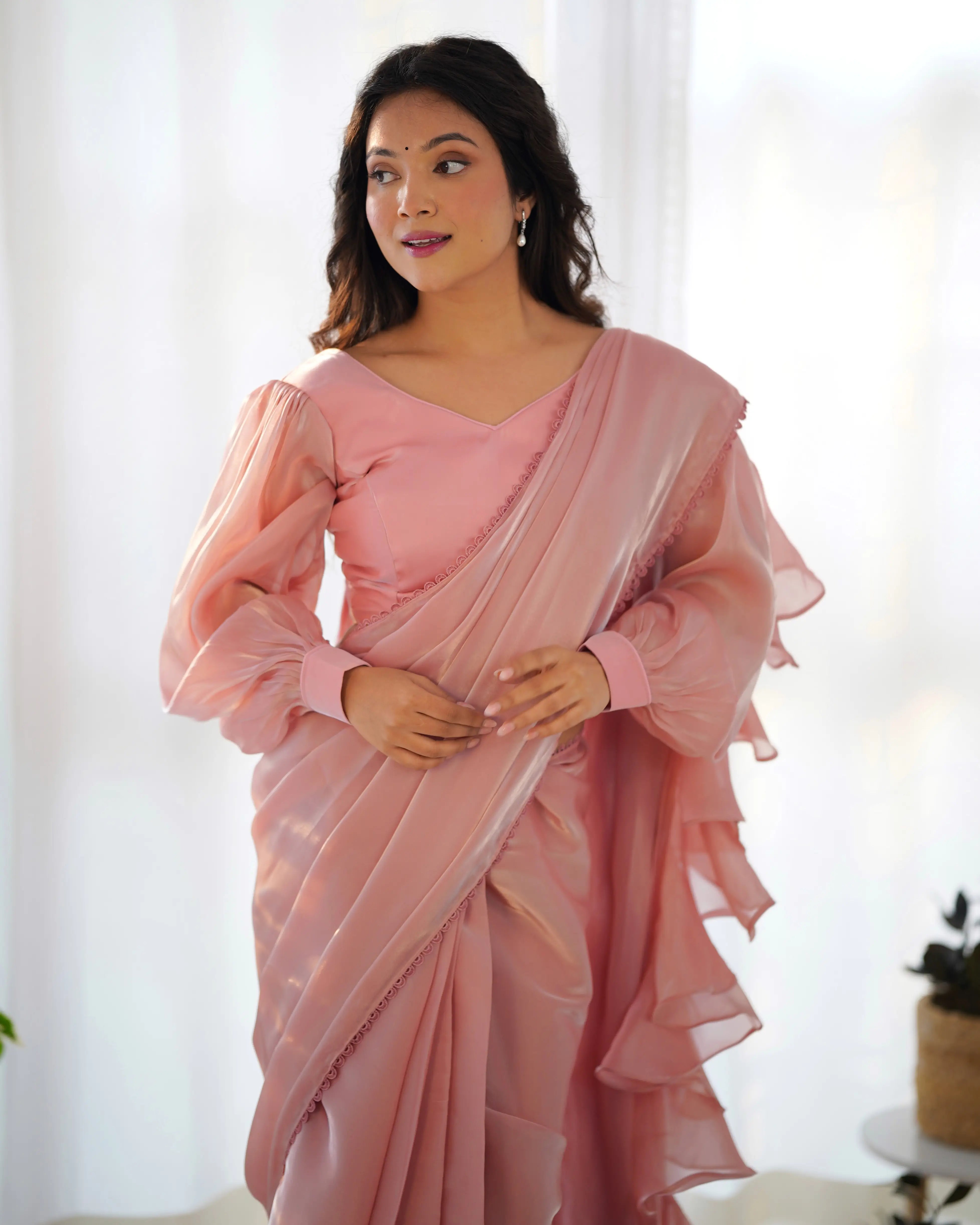 Peach Jimmy Choo Organza Pre Draped Ready To Wear Saree