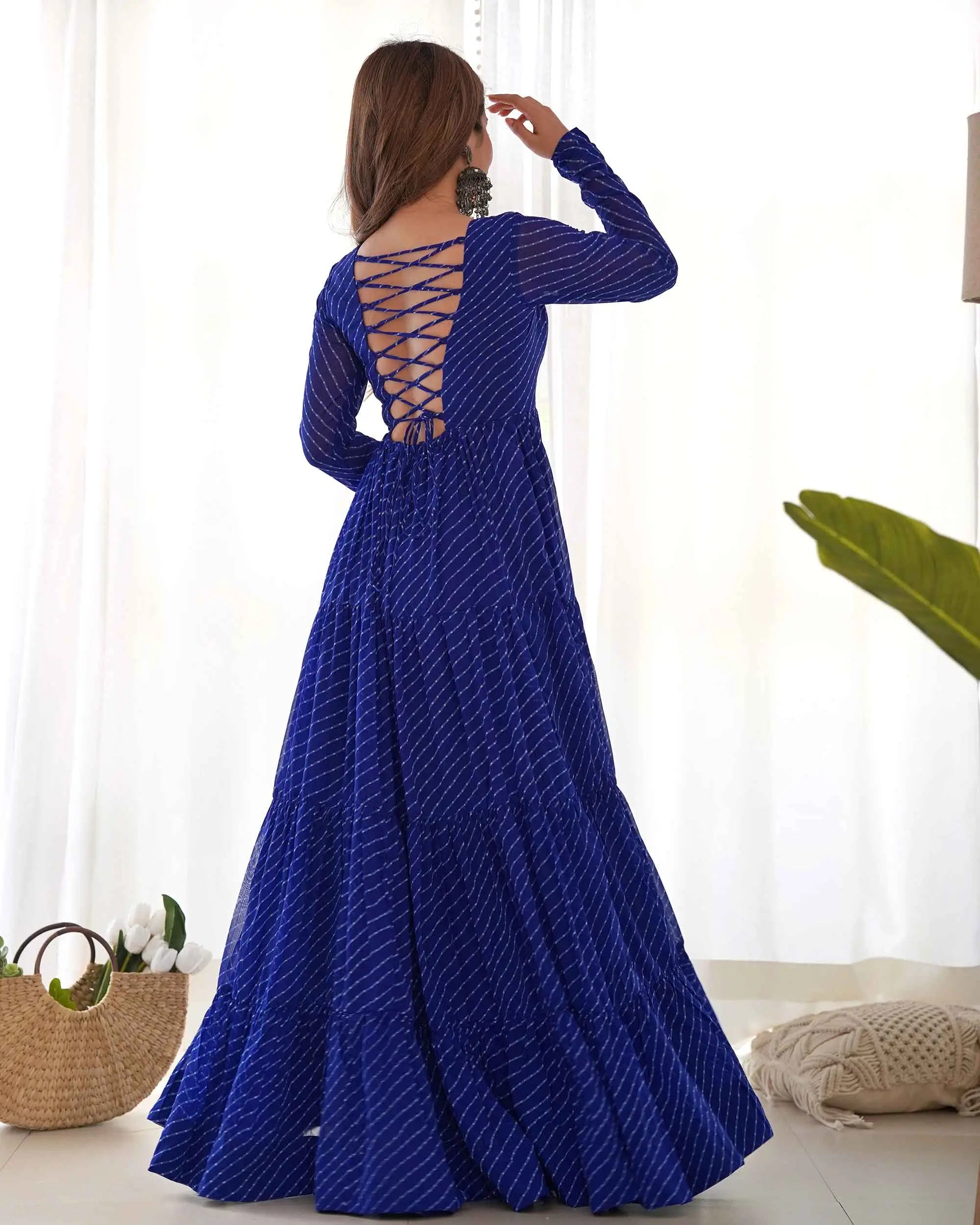 Royal Blue Laheriya Print With Gamthi Patch Work Navratri Gown - qivii