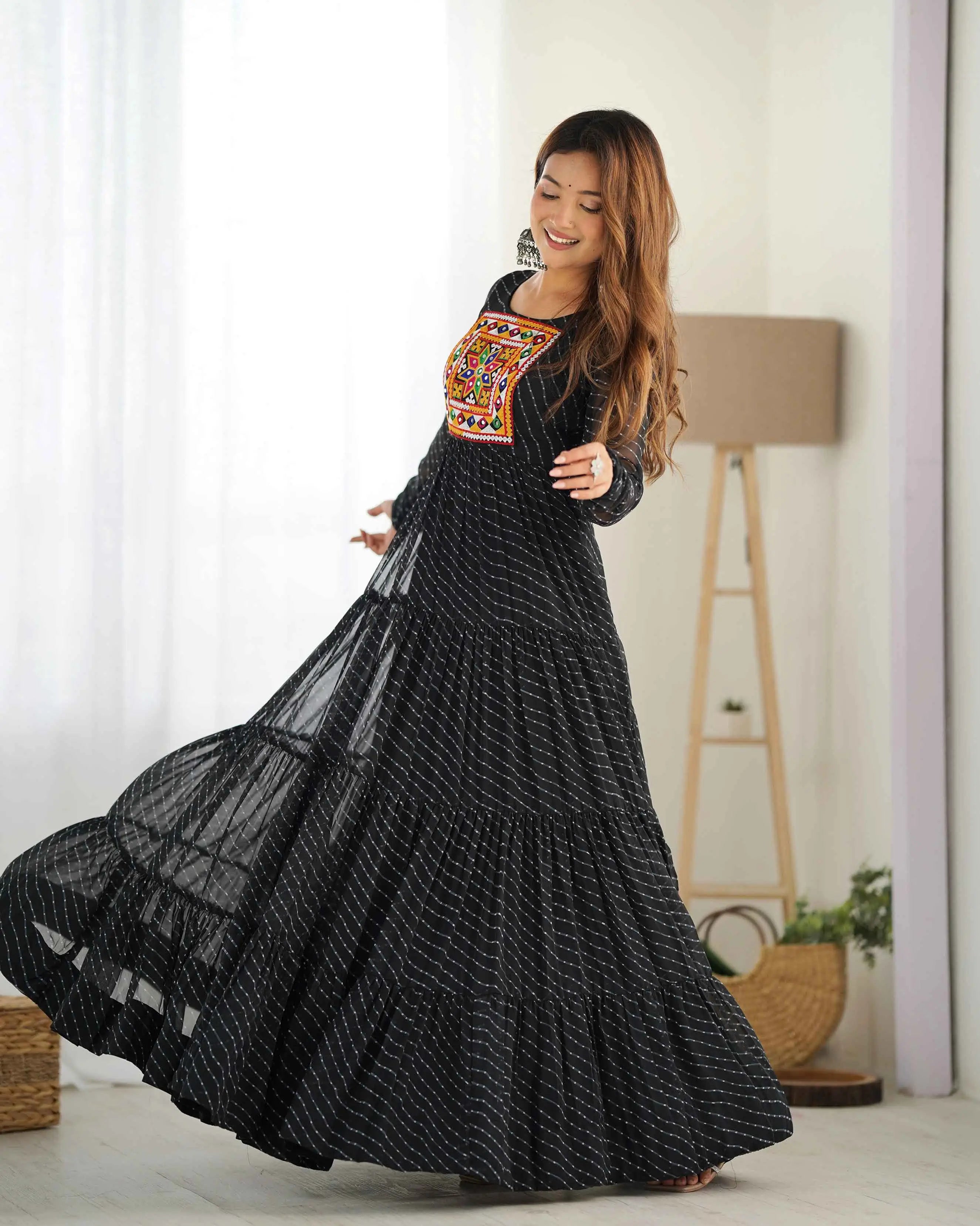 Black Laheriya Print With Gamthi Patch Work Navratri Gown - qivii