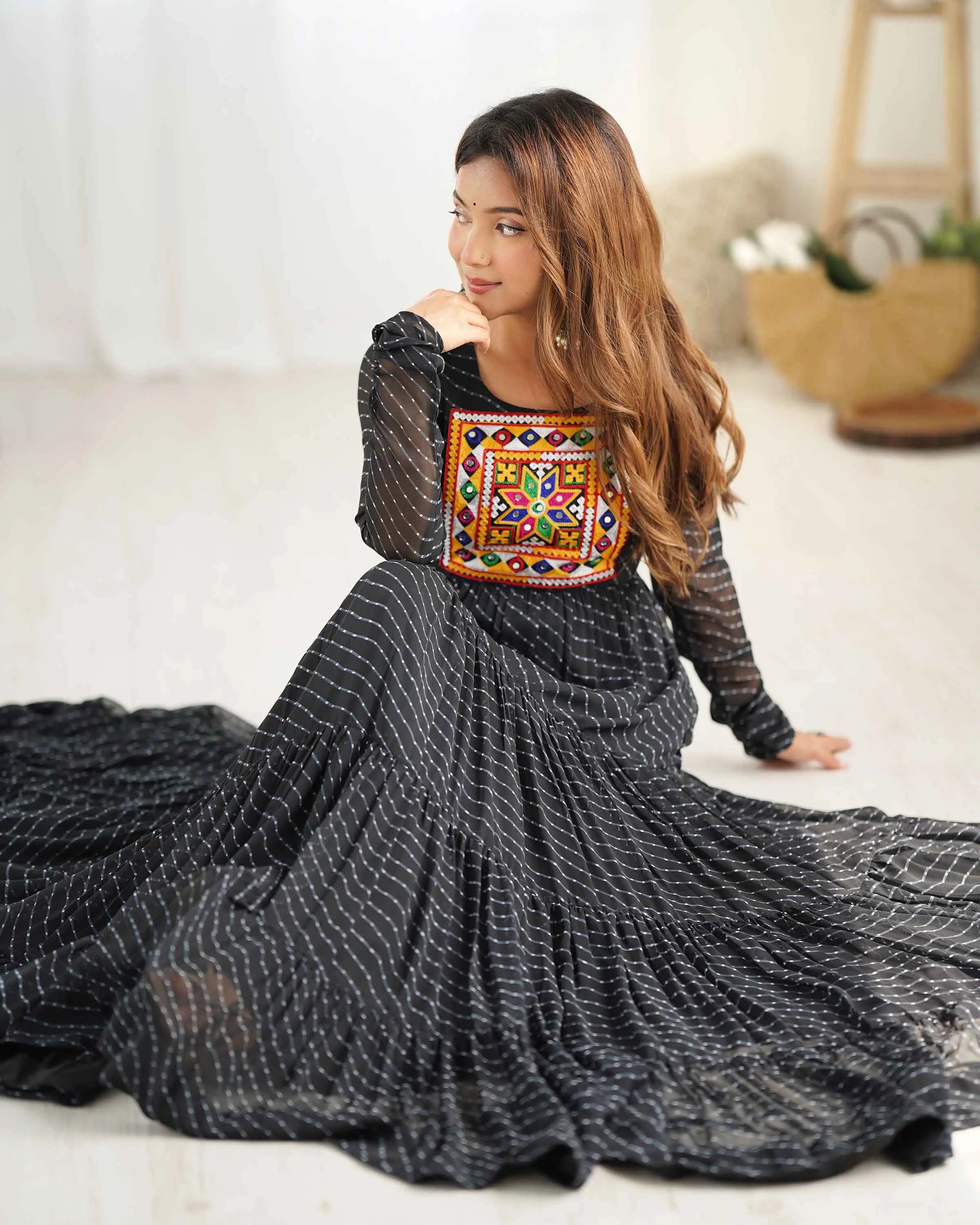 Black Laheriya Print With Gamthi Patch Work Navratri Gown - qivii