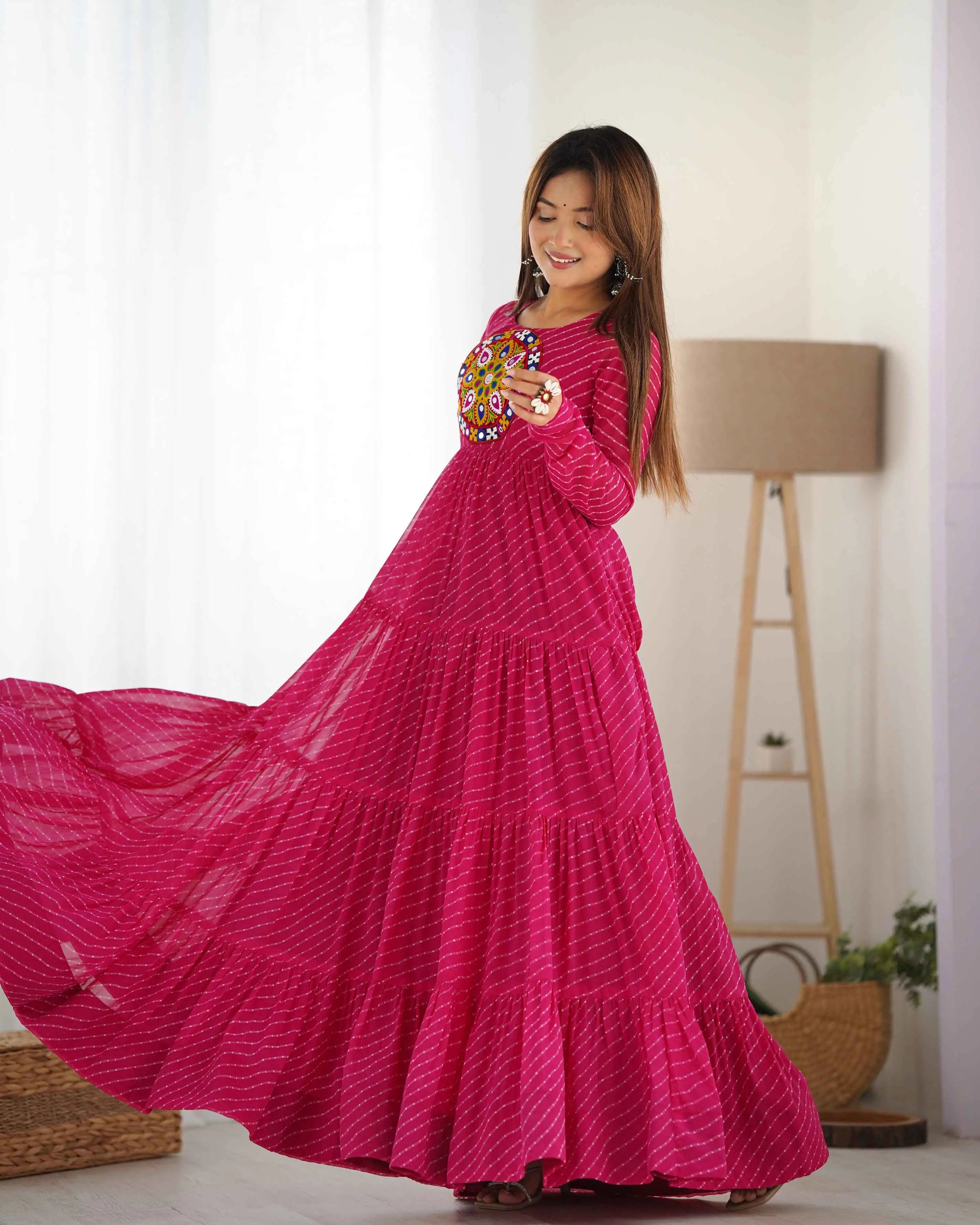 Pink Laheriya Print With Gamthi Patch Work Navratri Gown