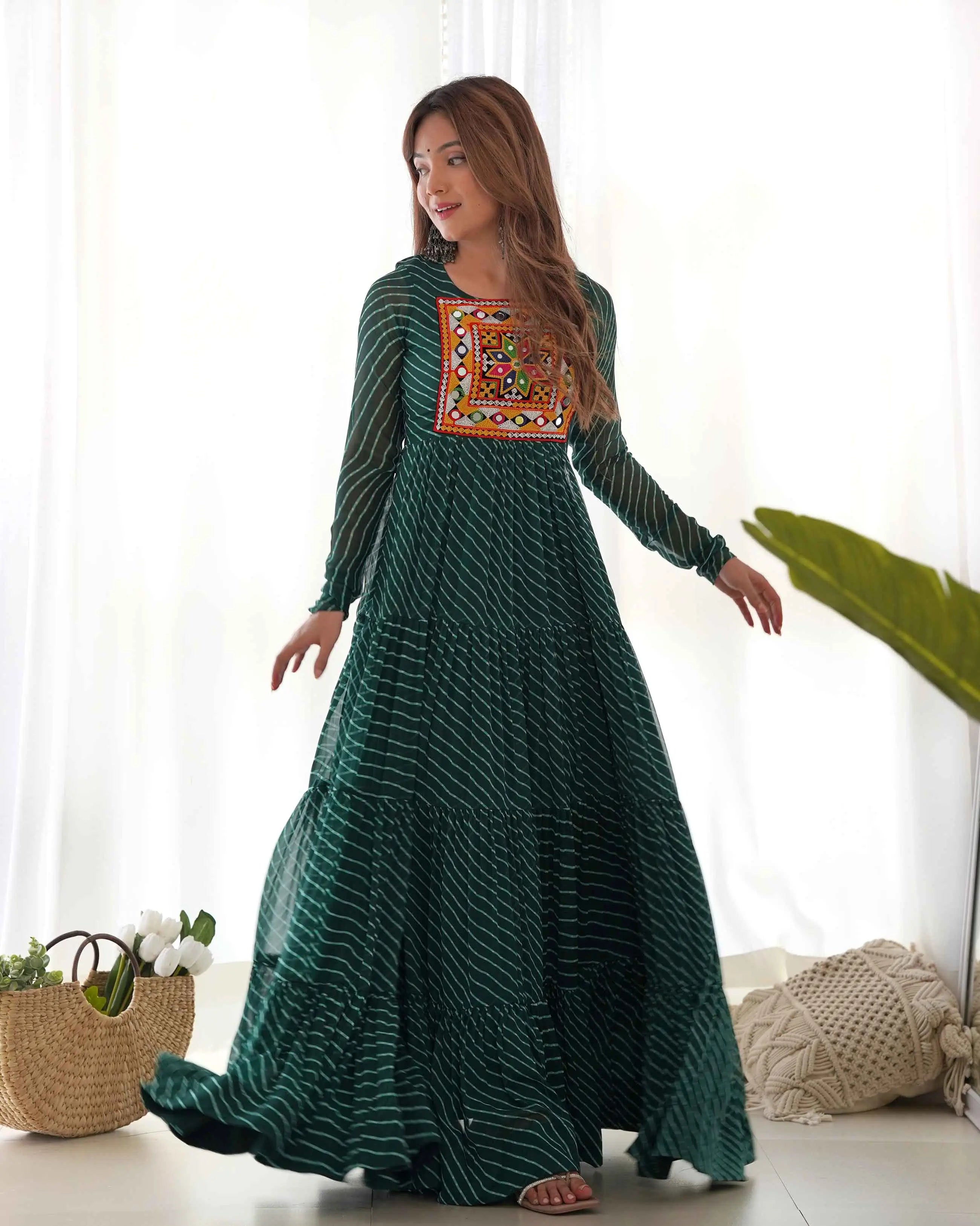 Dark Green Laheriya Print With Gamthi Patch Work Navratri Gown - qivii