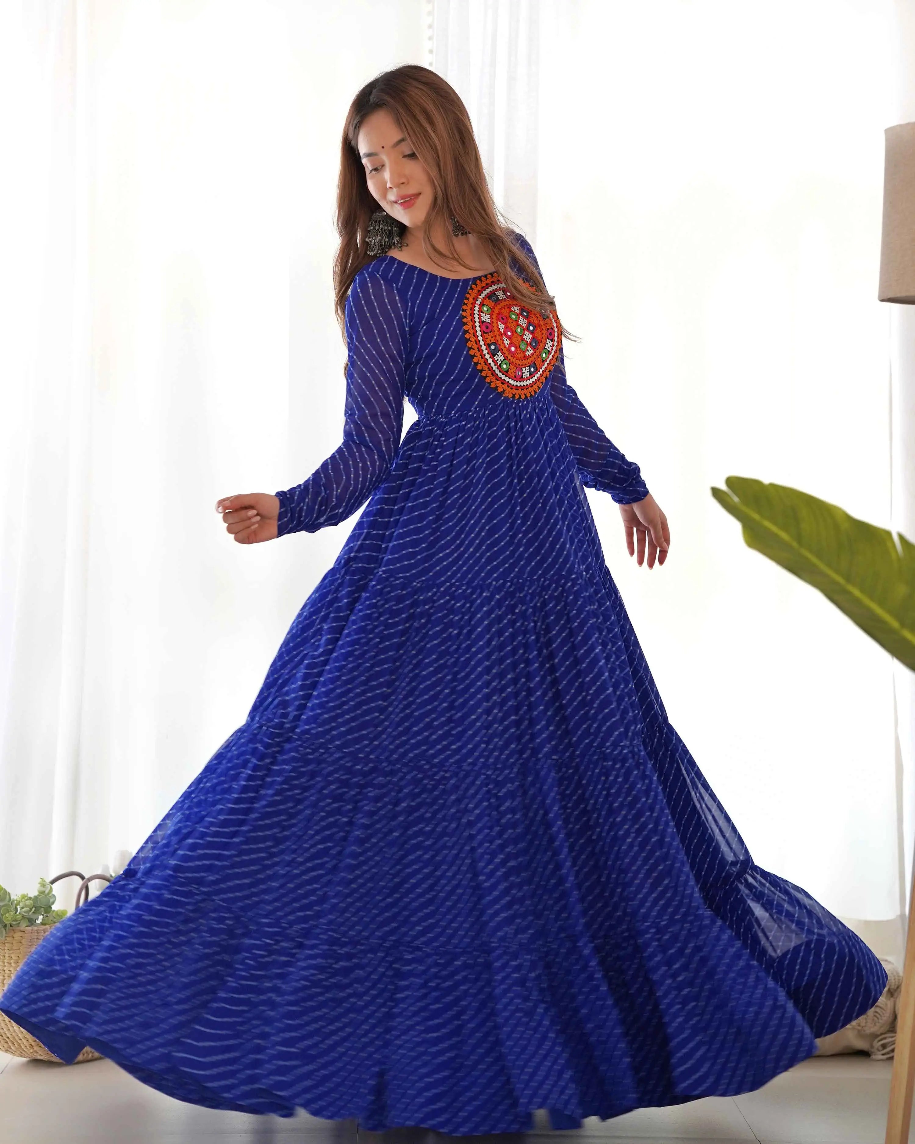 Royal Blue Laheriya Print With Gamthi Patch Work Navratri Gown - qivii