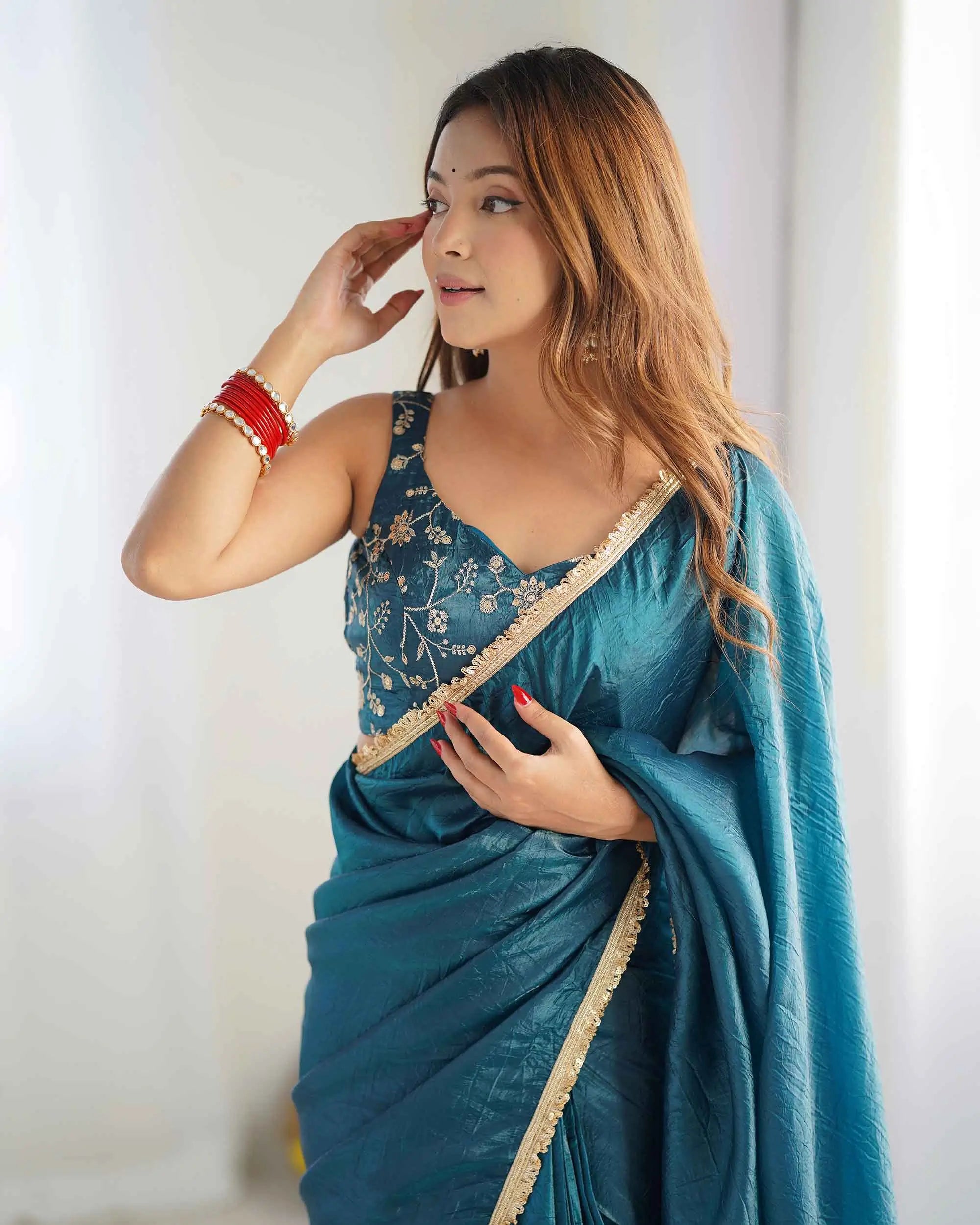 Teal Blue Gold Crush Tissue Pre Draped Ready To Wear Saree - qivii