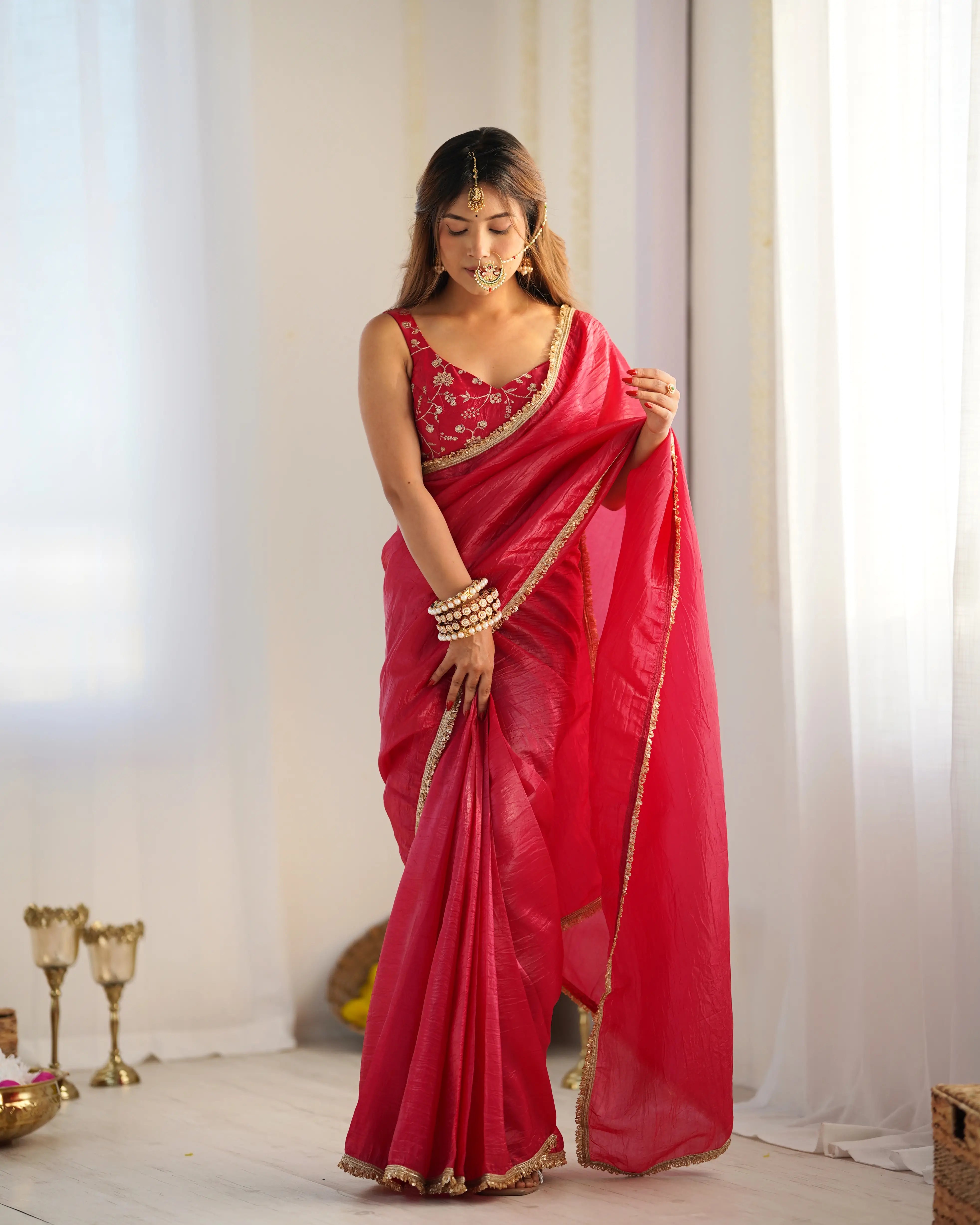 Rani Pink Gold Crush Tissue Pre Draped Ready To Wear Saree