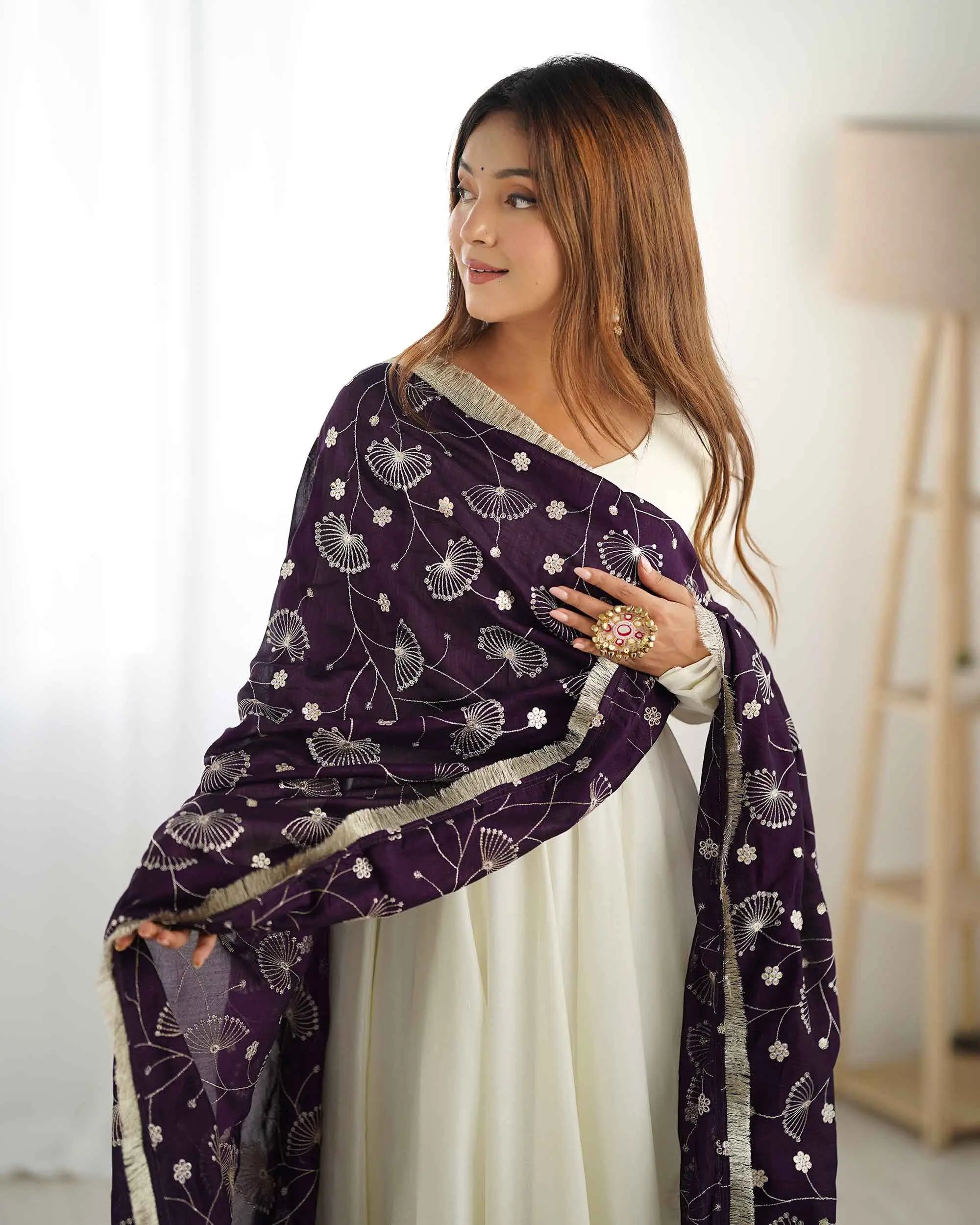 Wine And Off White Vichitra Silk Gown With Heavy Embroidery Work Dupatta