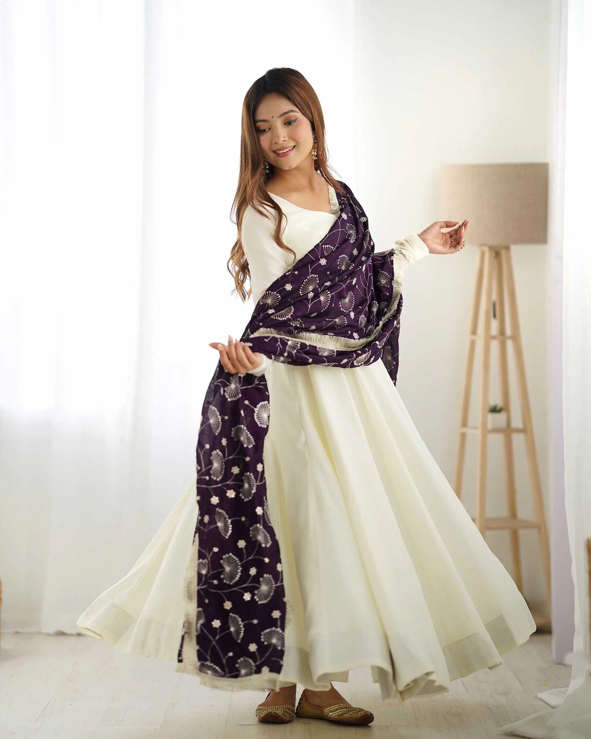 Wine And Off White Vichitra Silk Gown With Heavy Embroidery Work Dupatta