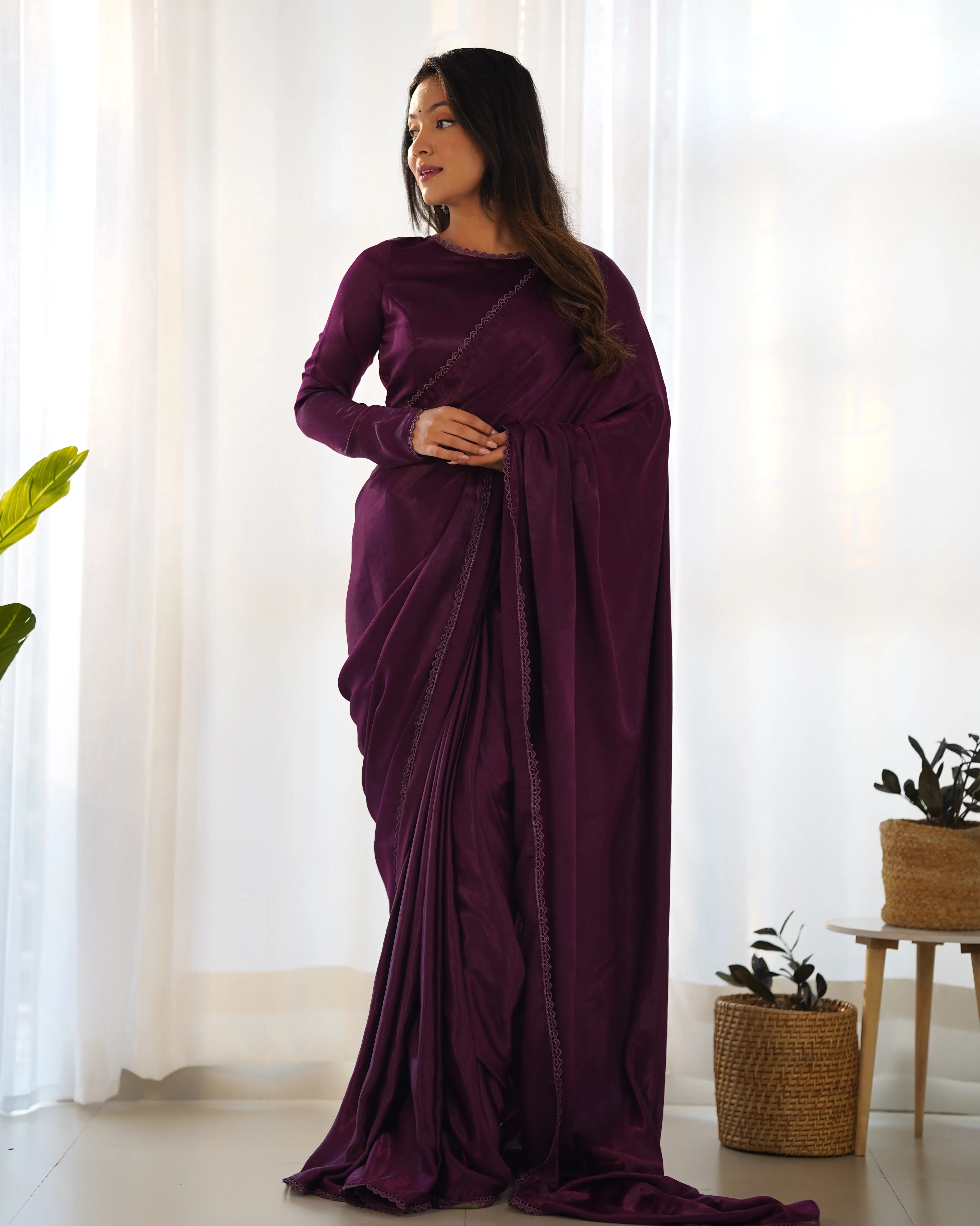 Wine Marble Velvet Pre Draped Ready To Wear Saree - qivii