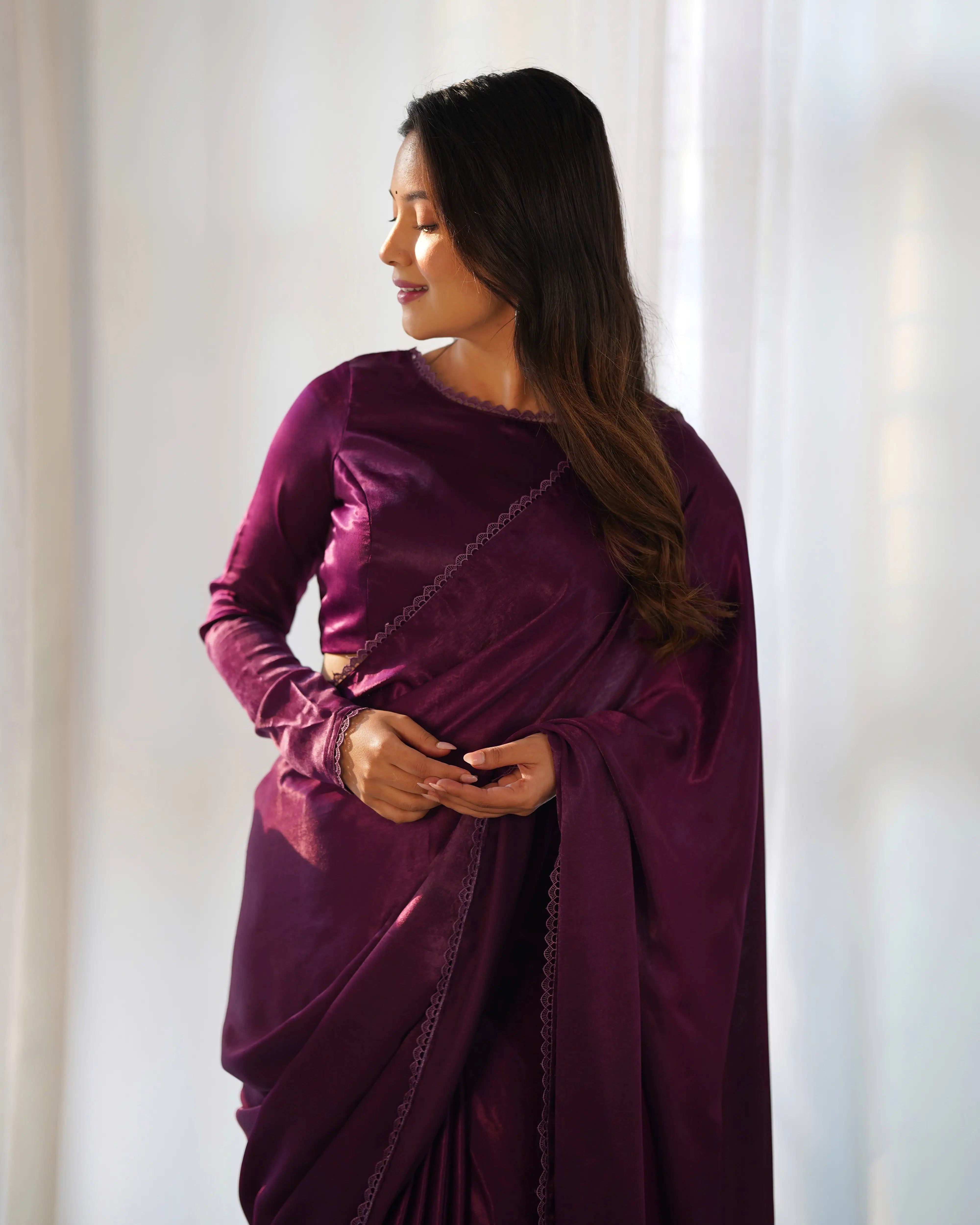 Wine Marble Velvet Pre Draped Ready To Wear Saree - qivii