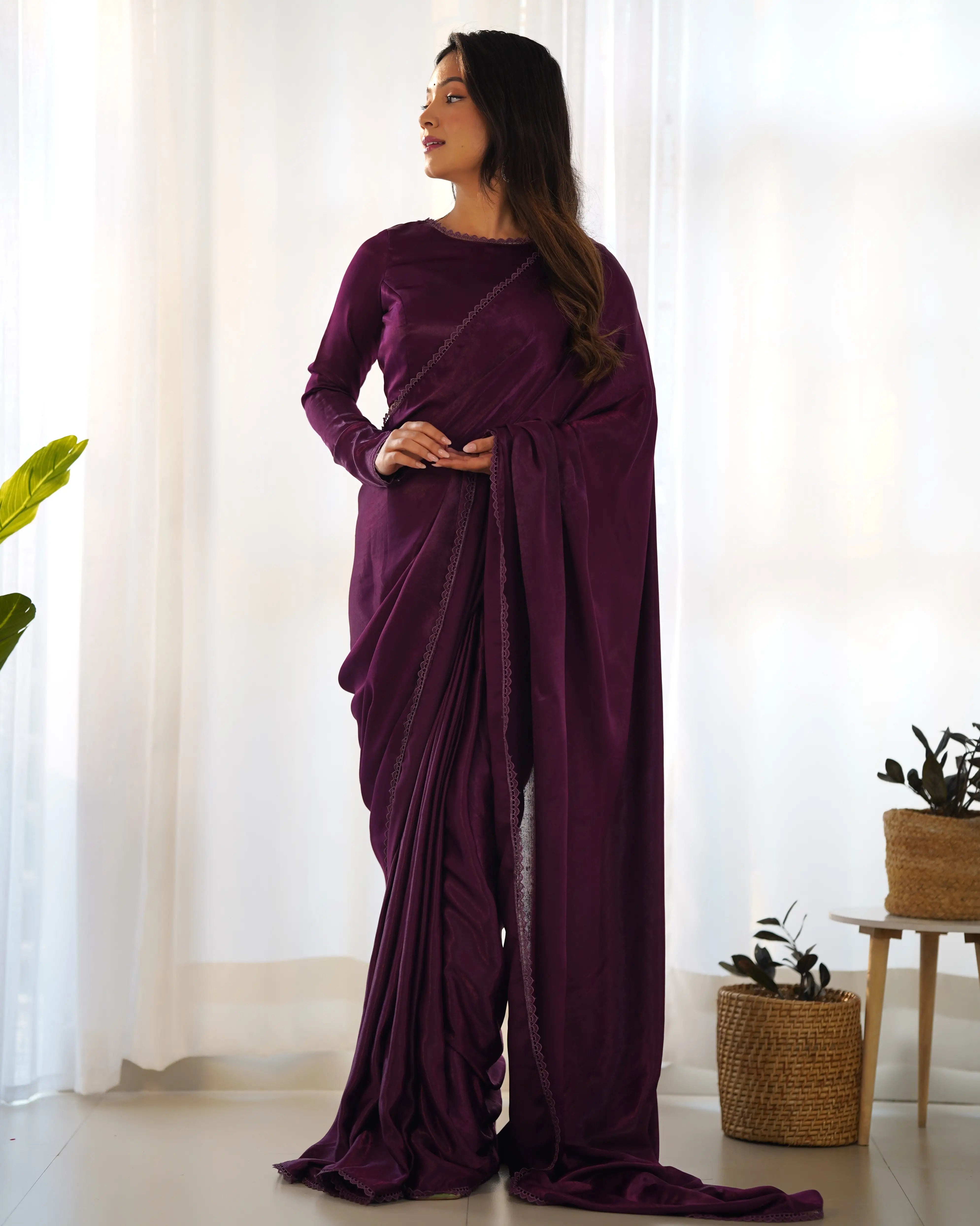 Wine Marble Velvet Pre Draped Ready To Wear Saree - qivii