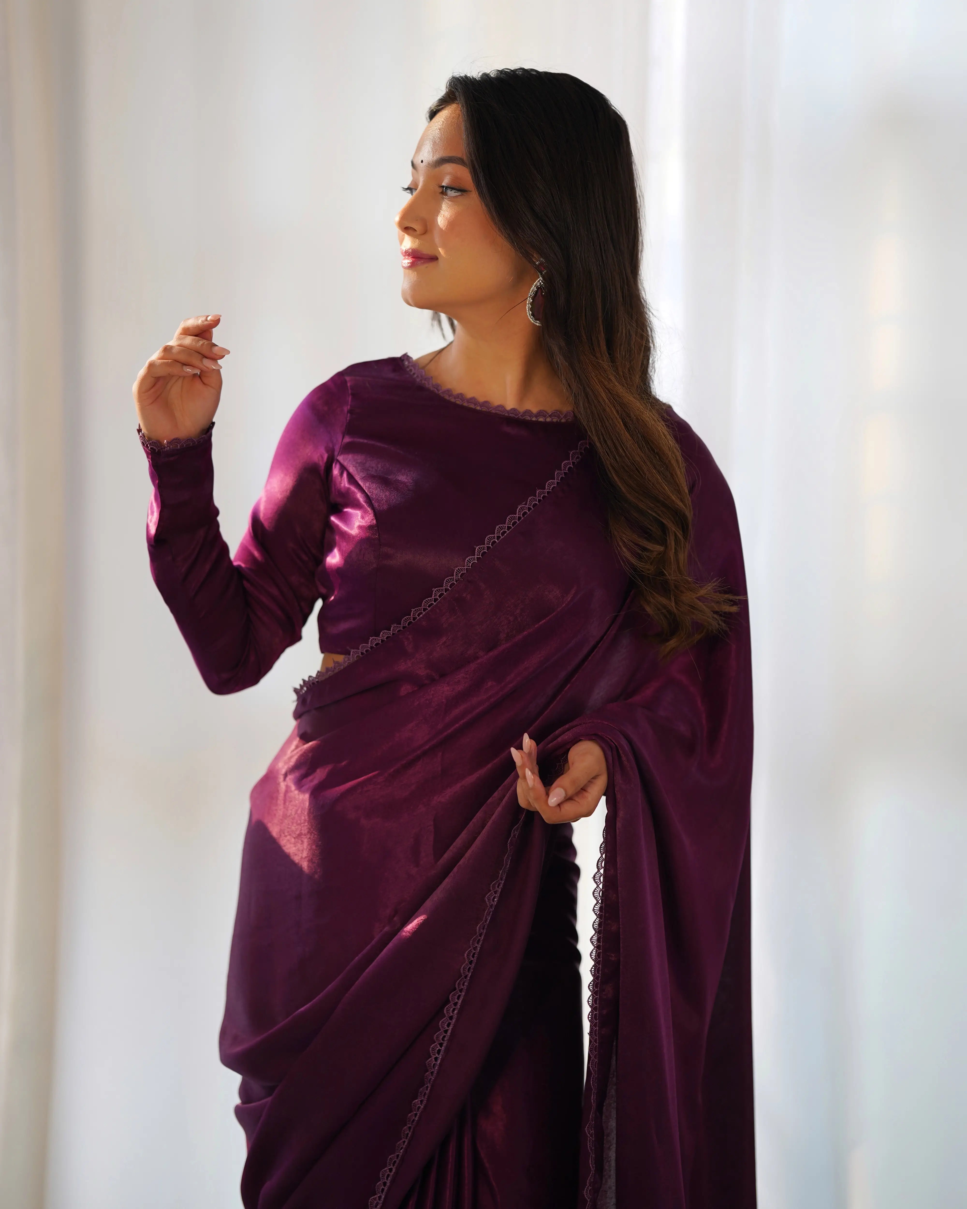Wine Marble Velvet Pre Draped Ready To Wear Saree - qivii