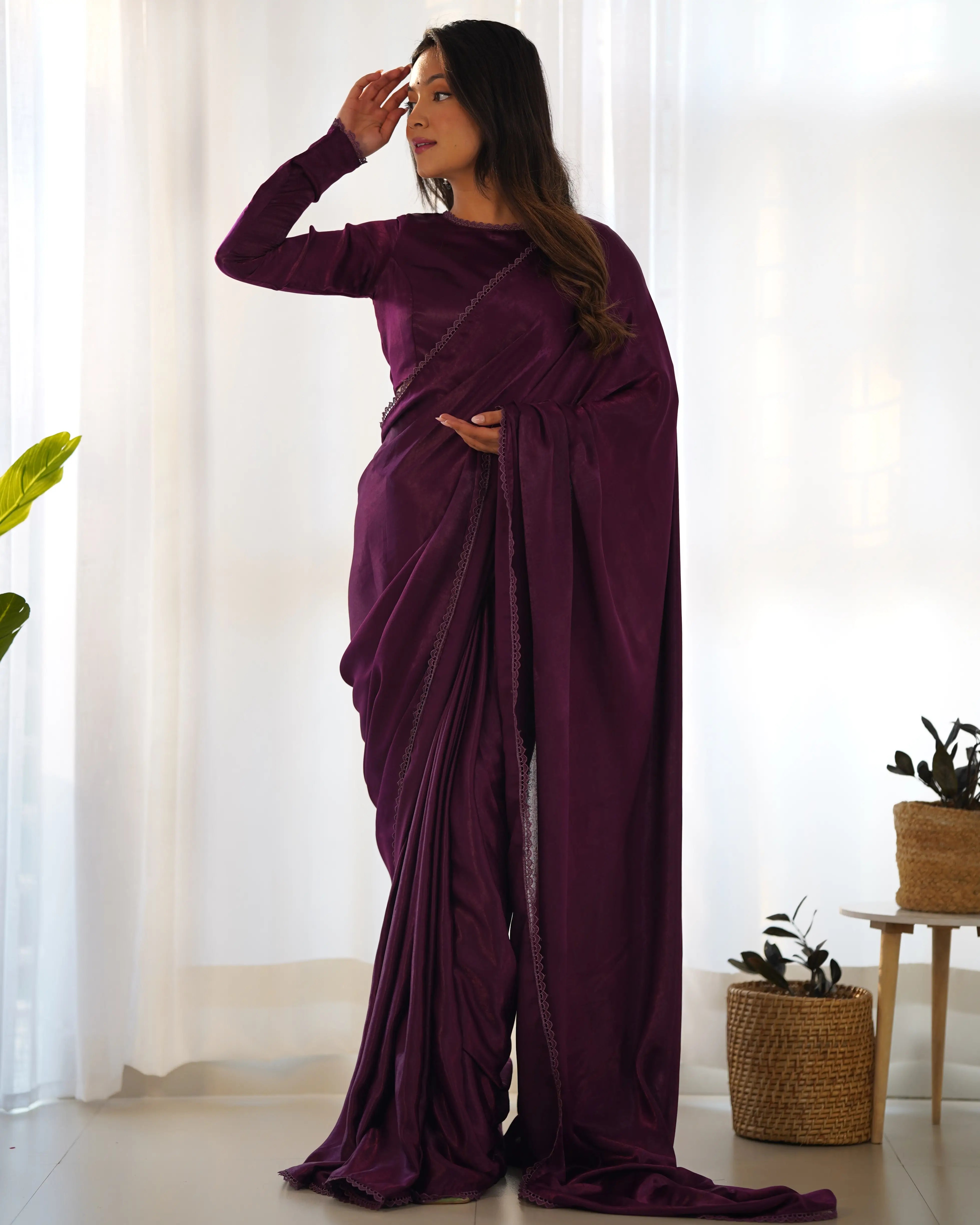 Wine Marble Velvet Pre Draped Ready To Wear Saree - qivii