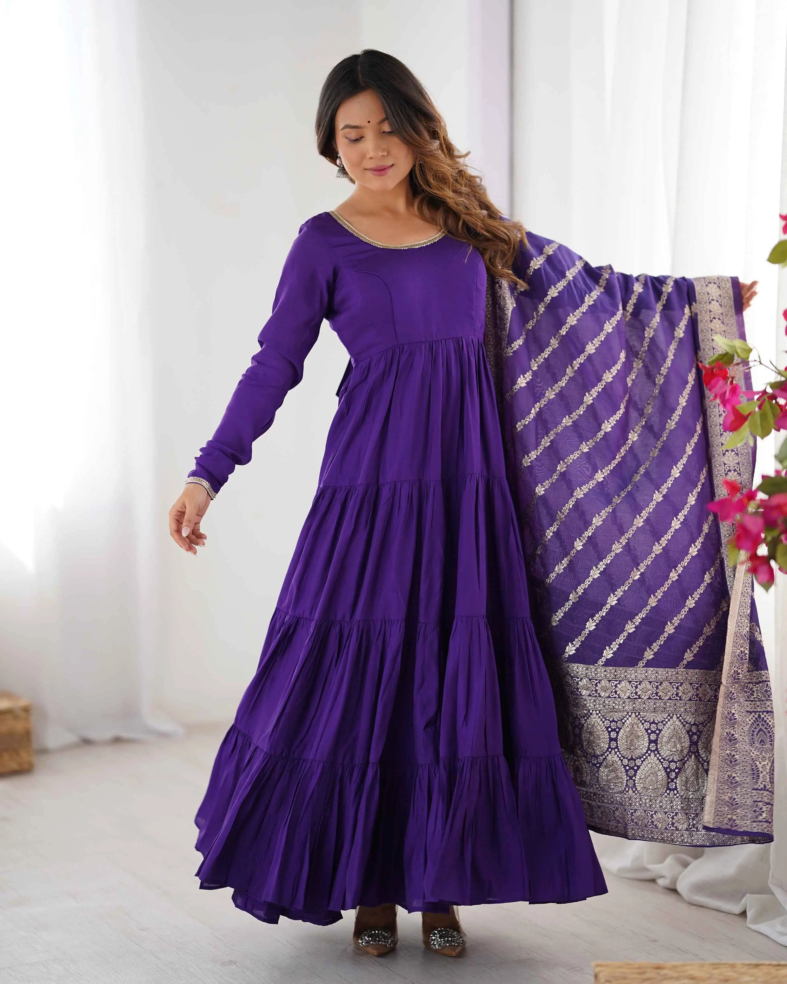 Dark Purple Silk Gown With Jacquard Banarasi Dupatta - qivii
