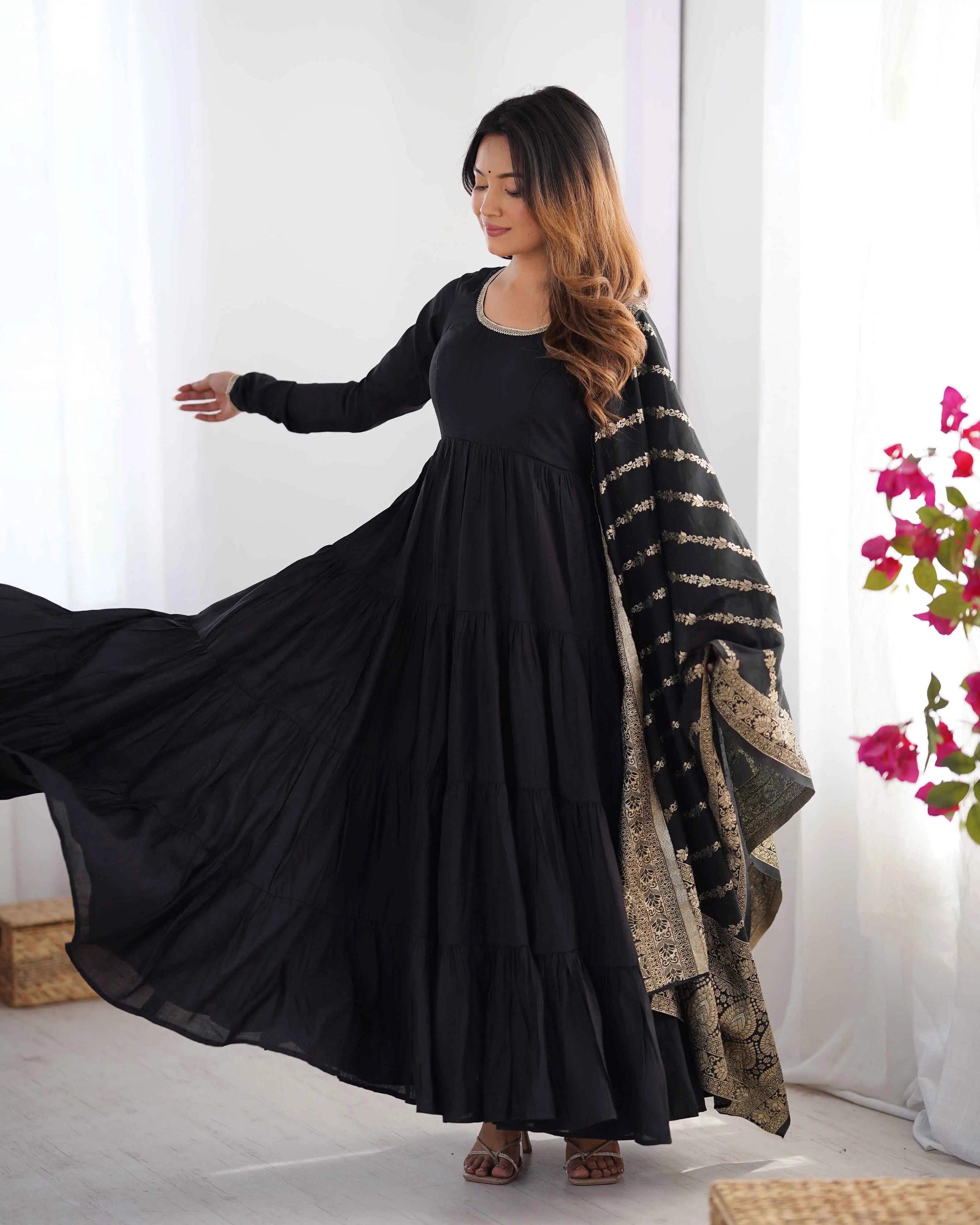 Black Silk Gown With Jacquard Banarasi Dupatta - qivii
