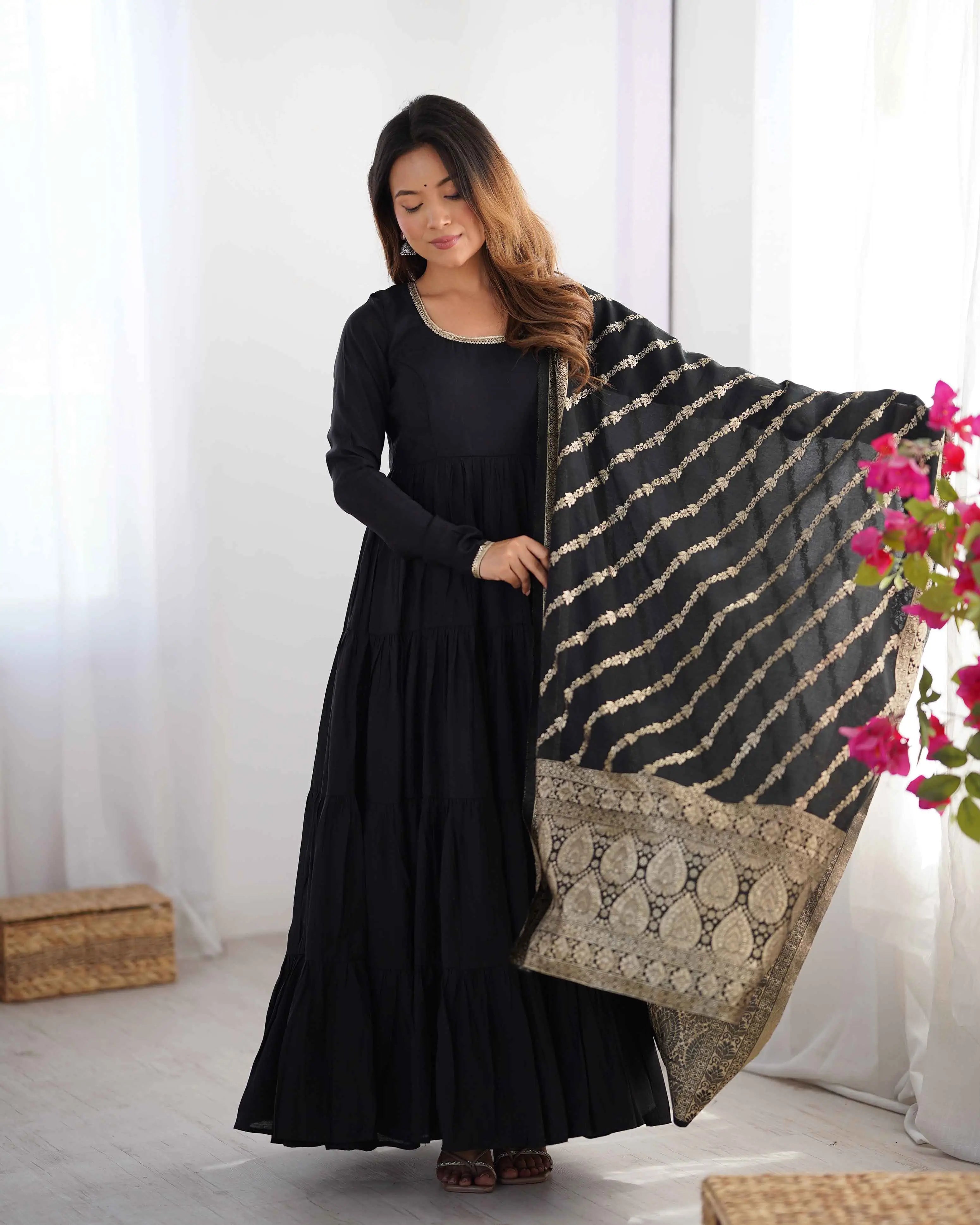 Black Silk Gown With Jacquard Banarasi Dupatta - qivii
