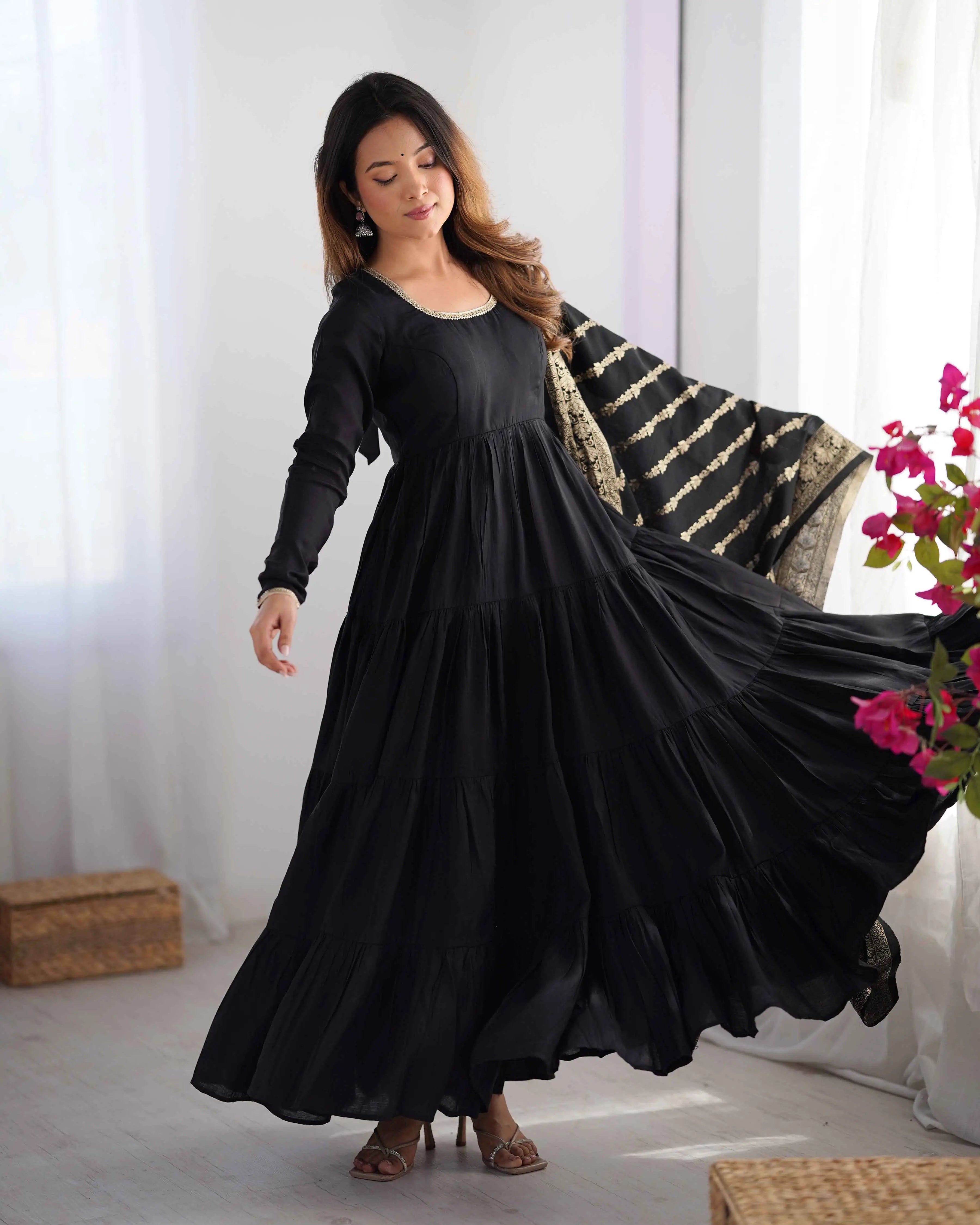 Black Silk Gown With Jacquard Banarasi Dupatta - qivii
