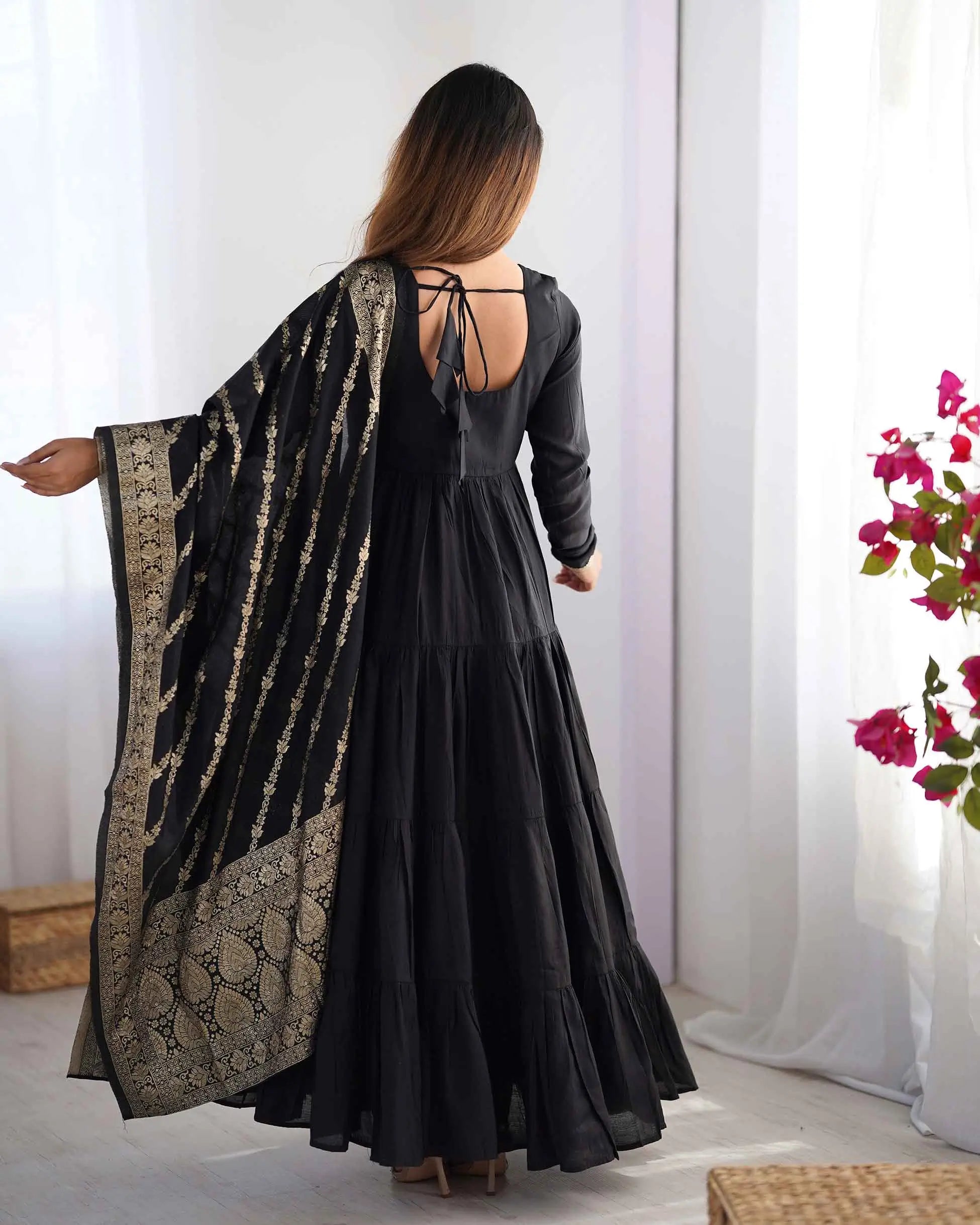 Black Silk Gown With Jacquard Banarasi Dupatta - qivii