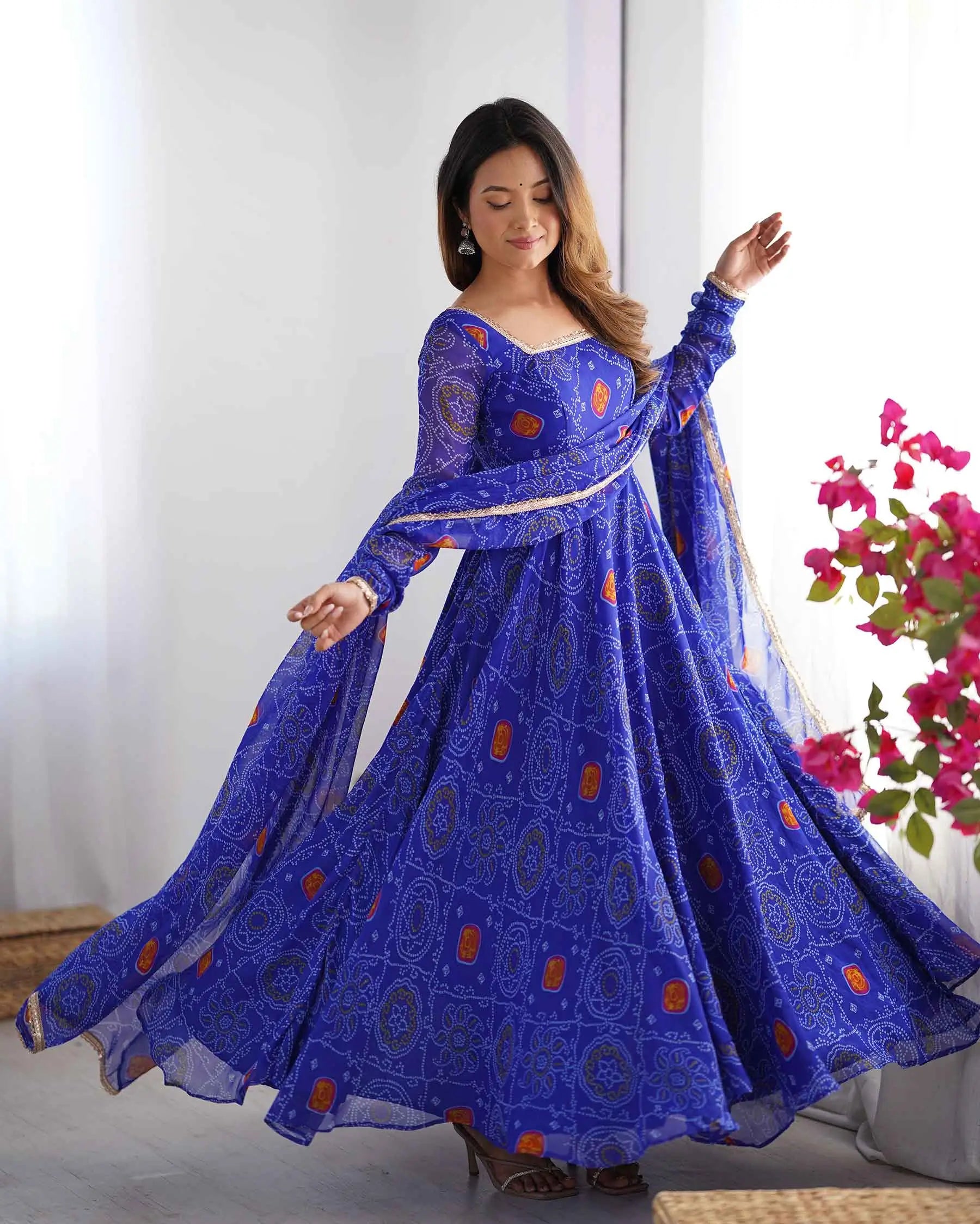 Royal Blue Soft Light Weight Chiffon Bandhej Print Gown With Dupatta - qivii