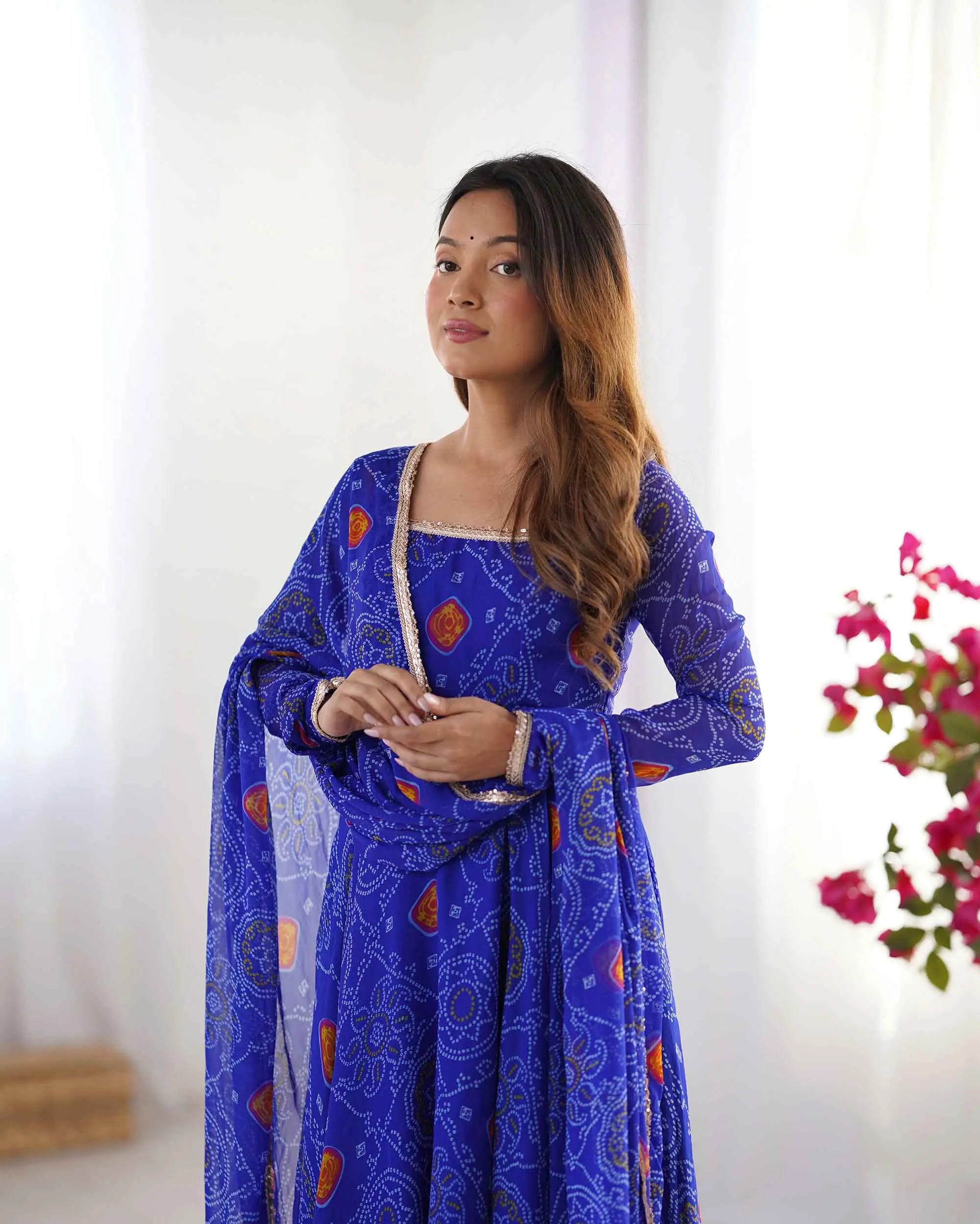 Royal Blue Soft Light Weight Chiffon Bandhej Print Gown With Dupatta - qivii