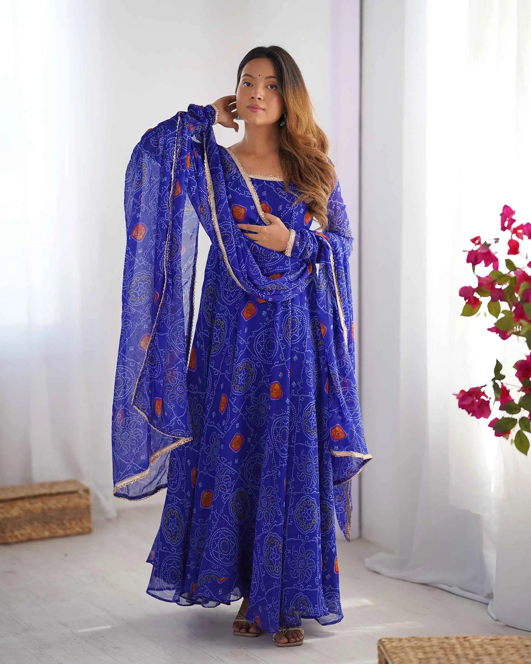 Royal Blue Soft Light Weight Chiffon Bandhej Print Gown With Dupatta - qivii