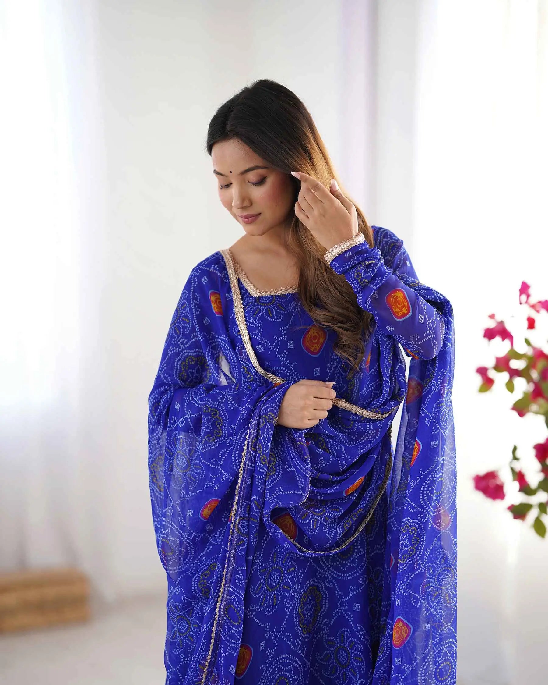 Royal Blue Soft Light Weight Chiffon Bandhej Print Gown With Dupatta - qivii